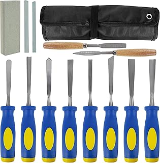 Lulu Home 13 PCS Wood Chisel with Canvas Bag, Wood Carving Tool Set Including Steel Beveled Chisel Tools with Rubber Handles, Rasps and Sharpening Stones for Woodworking