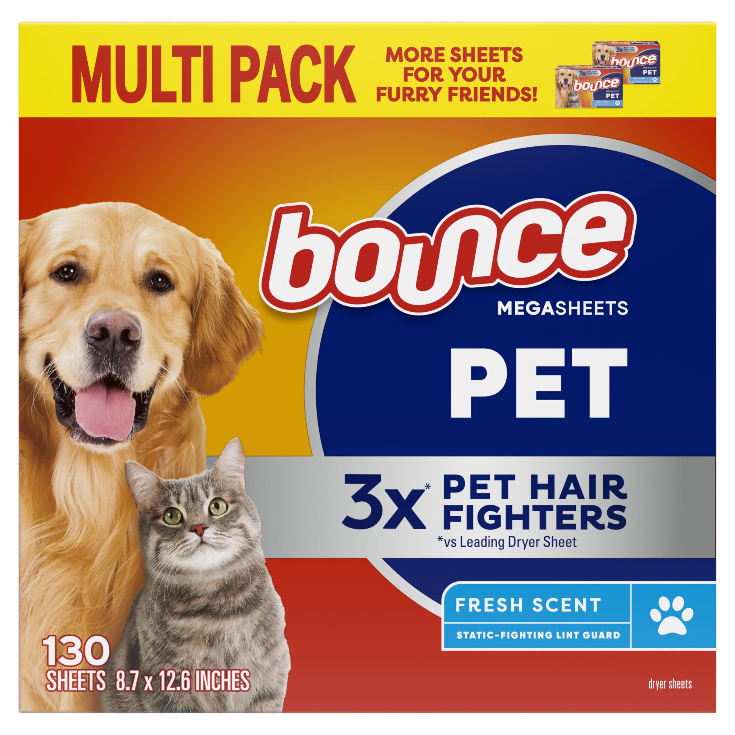 Bounce Pet Hair and Lint Guard Mega Dryer Sheets with 3X Pet Hair Fighters, Fresh Scent, 130 Count