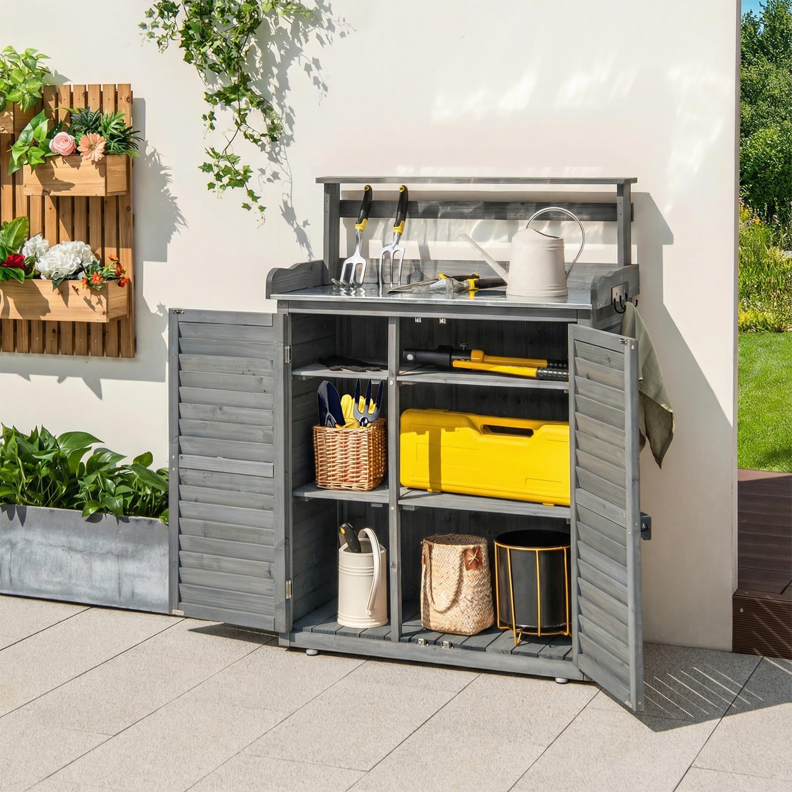 COSTWAY Armoire Jardin Bois, Armoire Exterieur avec Plan de Travail en Métal, 3 Crochets, Etagères Amovibles, Portes à Persiennes, Table de Rempotage, Meuble Exterieur Rangement (Gris)