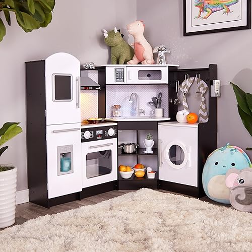 Miniatura 9 de Lil' Jumbl Juego de cocina de esquina para niños, cocina de lujo de madera de simulación, máquina de hielo a pilas, estufa y grifo con sonido