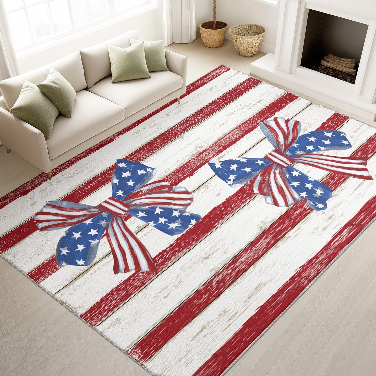 Lavabile Tappeto soggiorno 120x160 cm a righe rosse e bianche con fiocco e stelle, tappeto patriottico vintage, tappeti antiscivolo per camera da letto, ufficio, sala da pranzo, sottile
