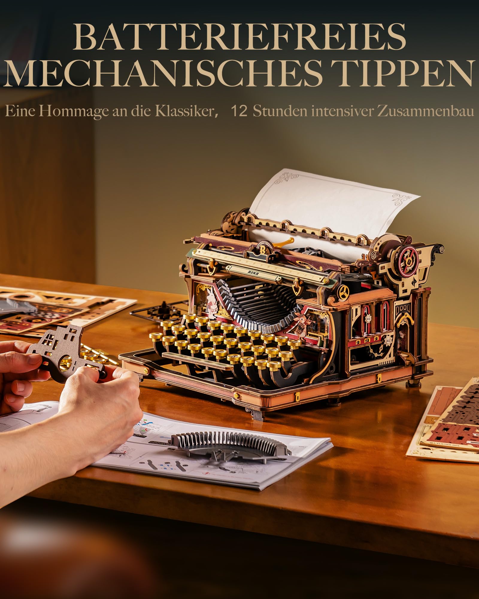 ROKR 3D Puzzle Holz Mechanische Schreibmaschine, 3D Holzpuzzle Erwachsene Holzmodelle Bausätze, Mechanical Typewriter (Magische Version), LK703C