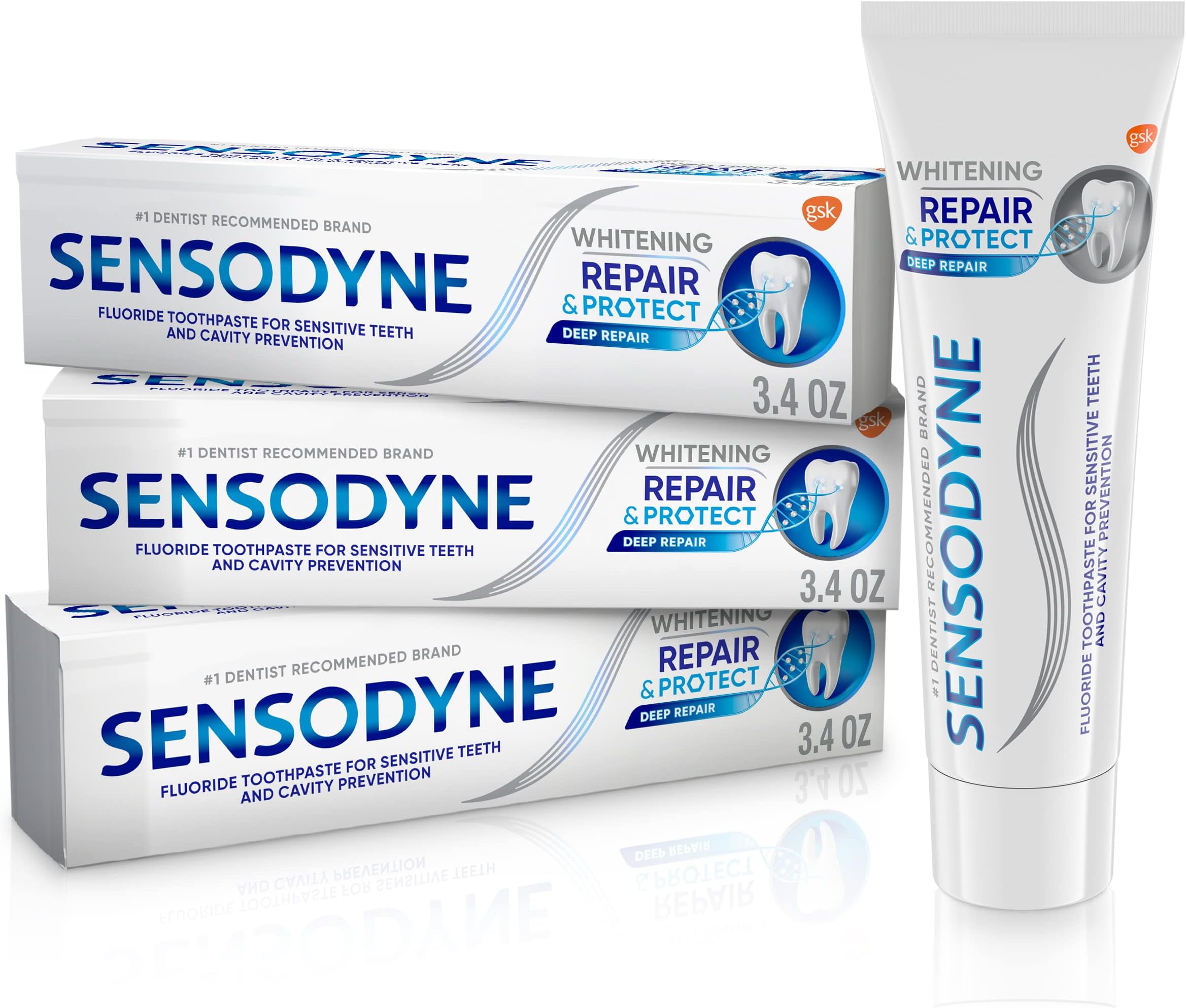 Sensodyne Repair and Protect Whitening Toothpaste, Toothpaste for Sensitive Teeth and Cavity Prevention, 3.4 oz (Pack of 3)