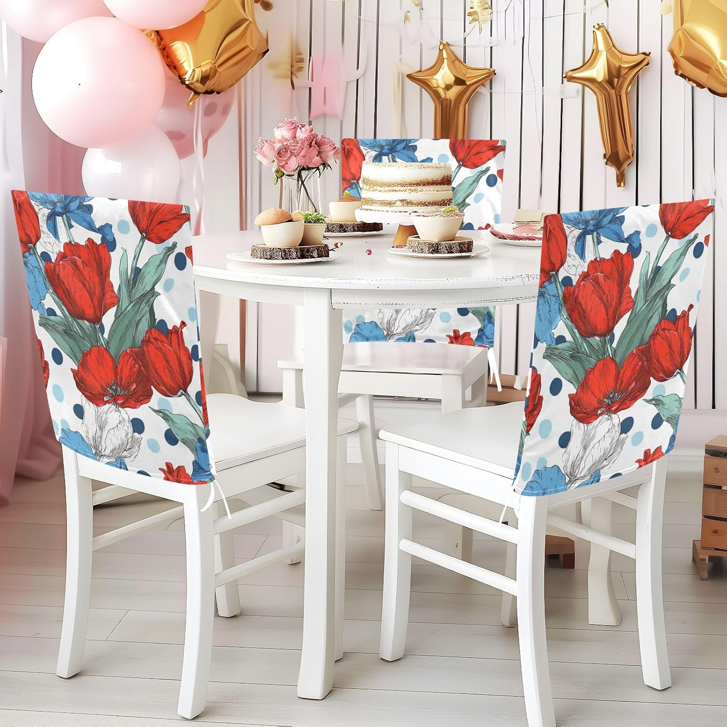 ALAZA Tulips Flowers Bows Polka Dots Chair Back Cover Set of 6, Washable Reusable Removable Chair Slipcovers Decorative Chair Cover for Home Kitchen Wedding Party