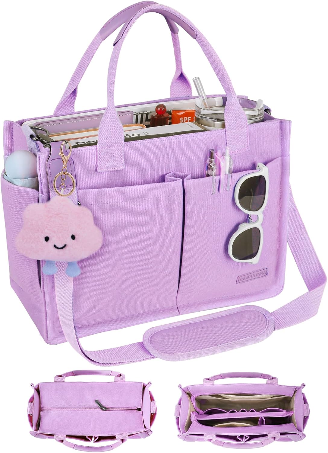 BESBESME Canvas Tote Bag for Women with Zipper & Compartments Large Work & College Laptop Tote Crossbody Shoulder Bag