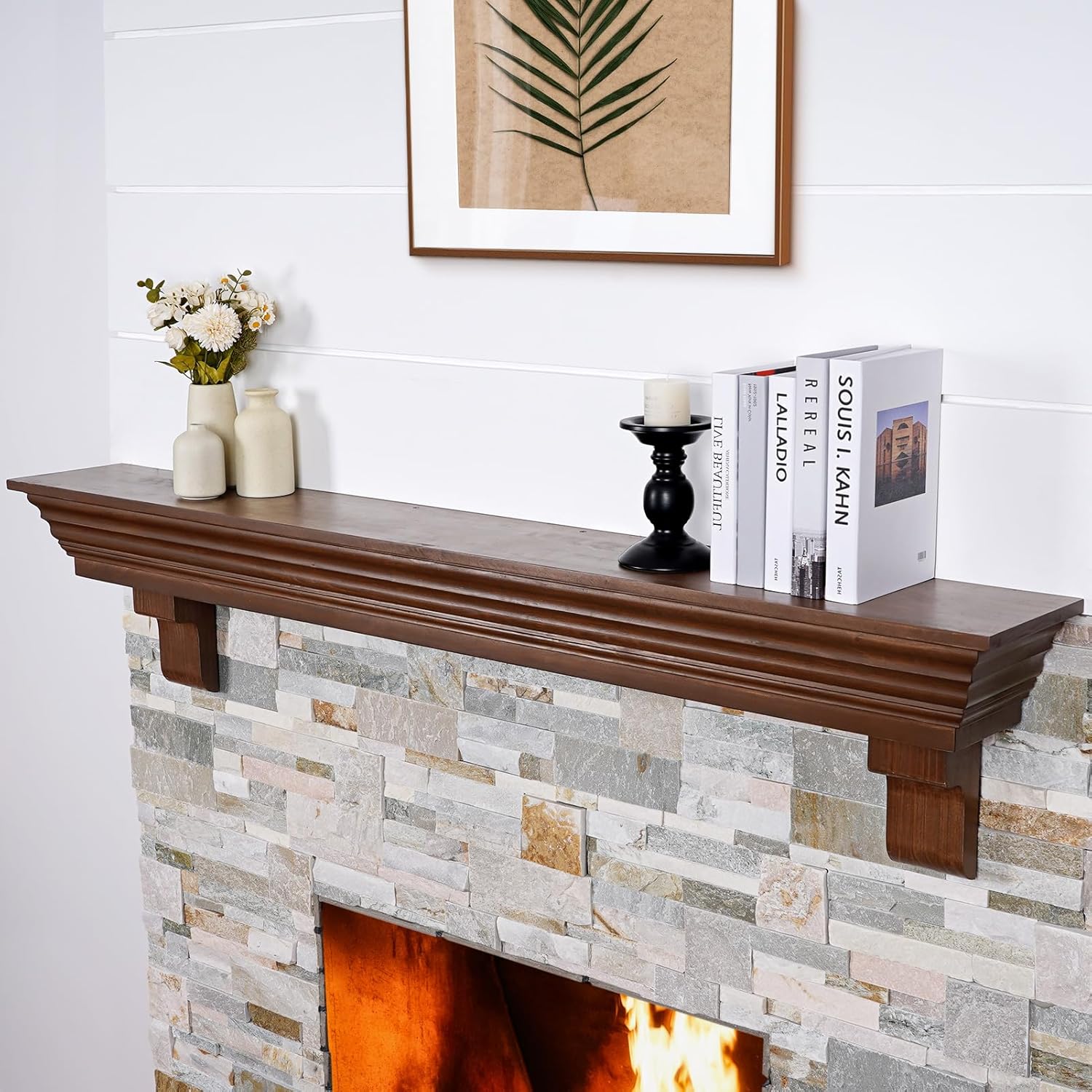Wood Fireplace Mantel with Corbels - 60 Inch Rustic Floating Mantel Shelf for Living Room, Wall-Mounted Solid Fireplace Mantle with Angled Ends Decor for Bedroom, TV, Books, Walnut