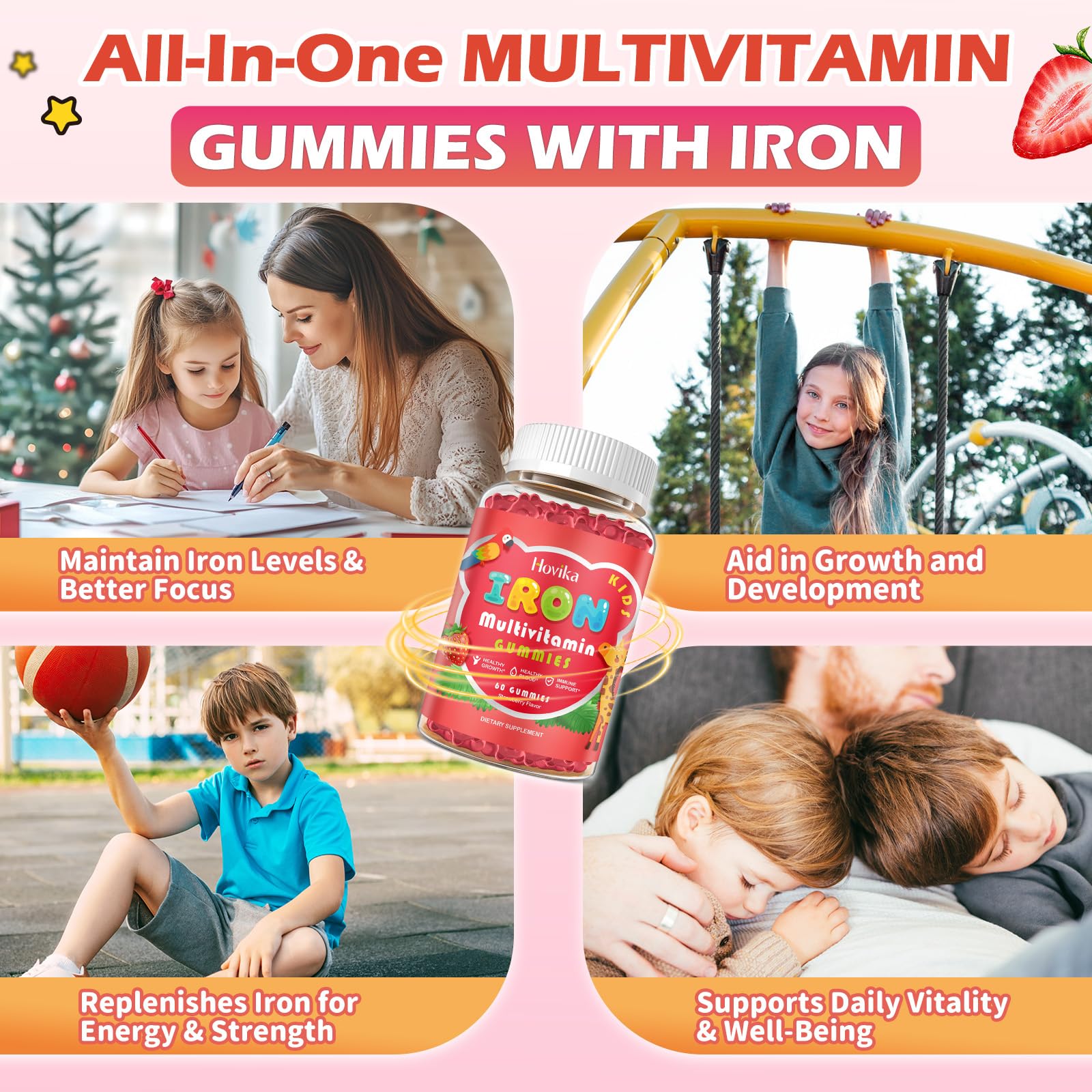Iron Supplement Gummies for Kids with Multivitamin, Calcium, Zinc, Folate - Kids Iron Gummies Support Immune, Blood Builder, Iron Deficiency, Anemia & Energy - Vegan, Strawberry 60 Count — Amazon image 5