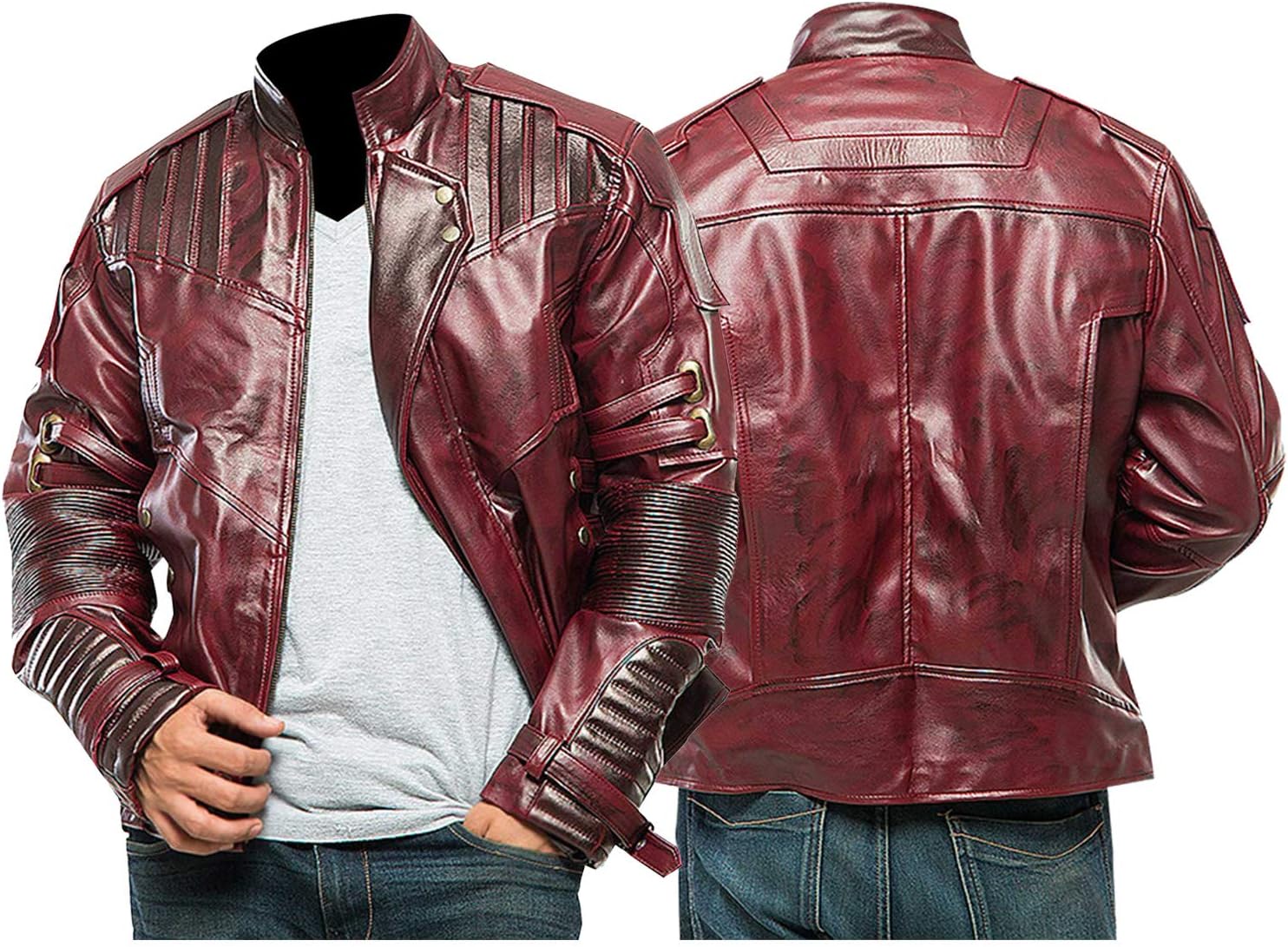 LP-FACON Mens Superhero Star Biker Maroon Cosplay Costume Leather Jacket Faux/Real
