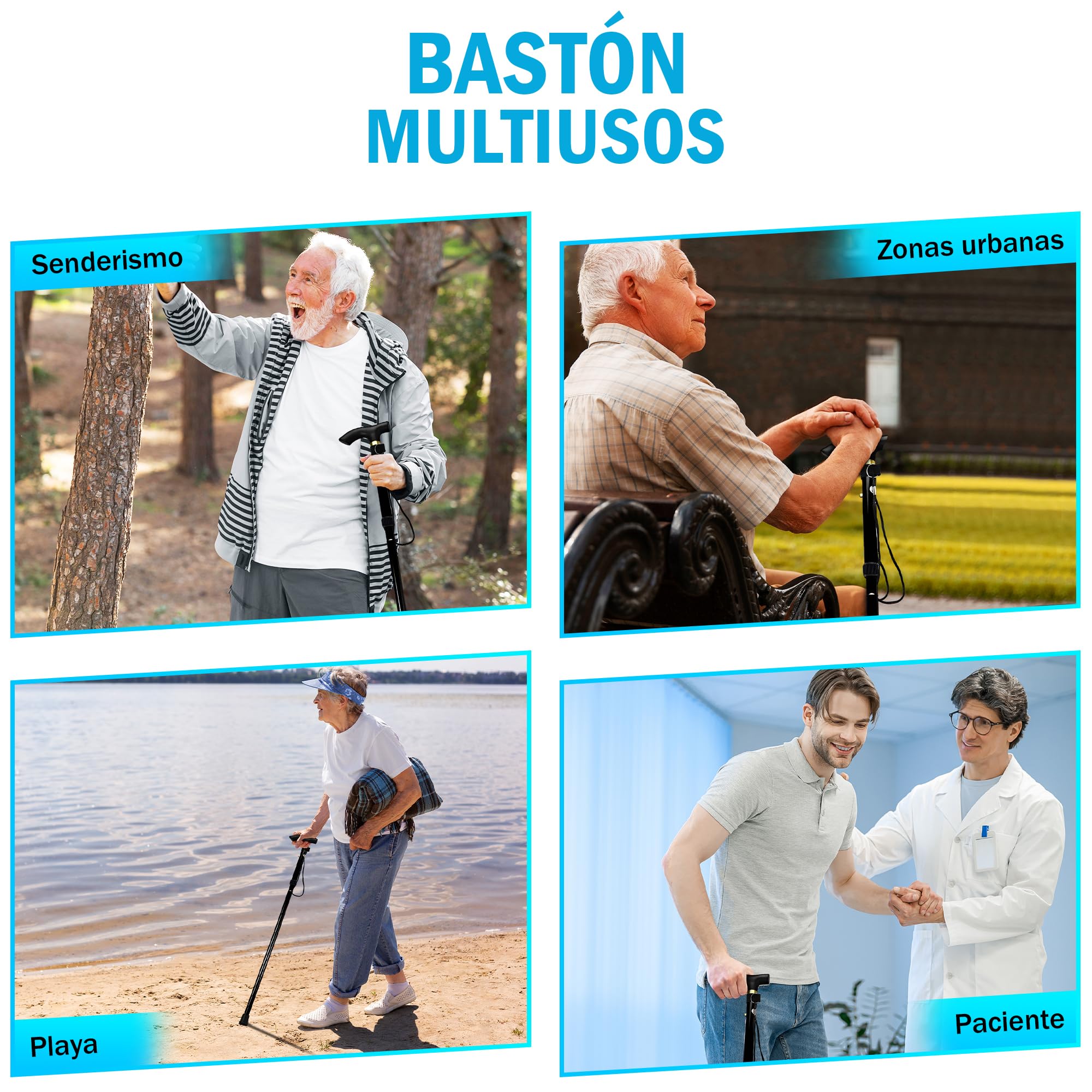 Bastón Plegable para Mayores + 2 Tapones Antideslizantes | Bastón Extensible Portátil Tapones Antideslizantes, Ideal para Caminar y Andar (Negro)