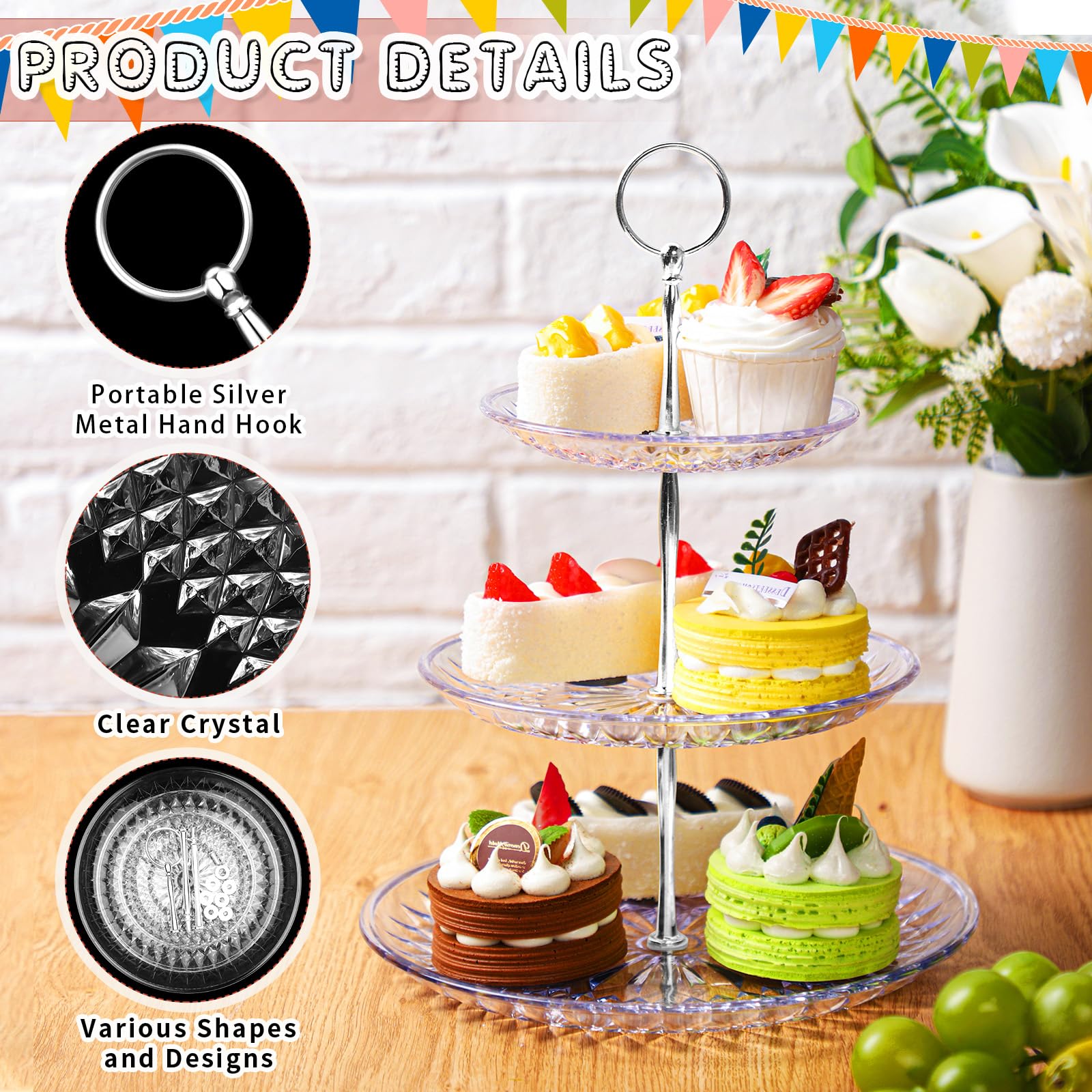 Patelai 8 Packs 3 Tier Crystal Acrylic Clear Cake Stand with Gold Round Holder Acrylic Cupcake Stand Holder for Home Wedding Holiday Birthday Baby Shower Tea Party (Clear, Silver)