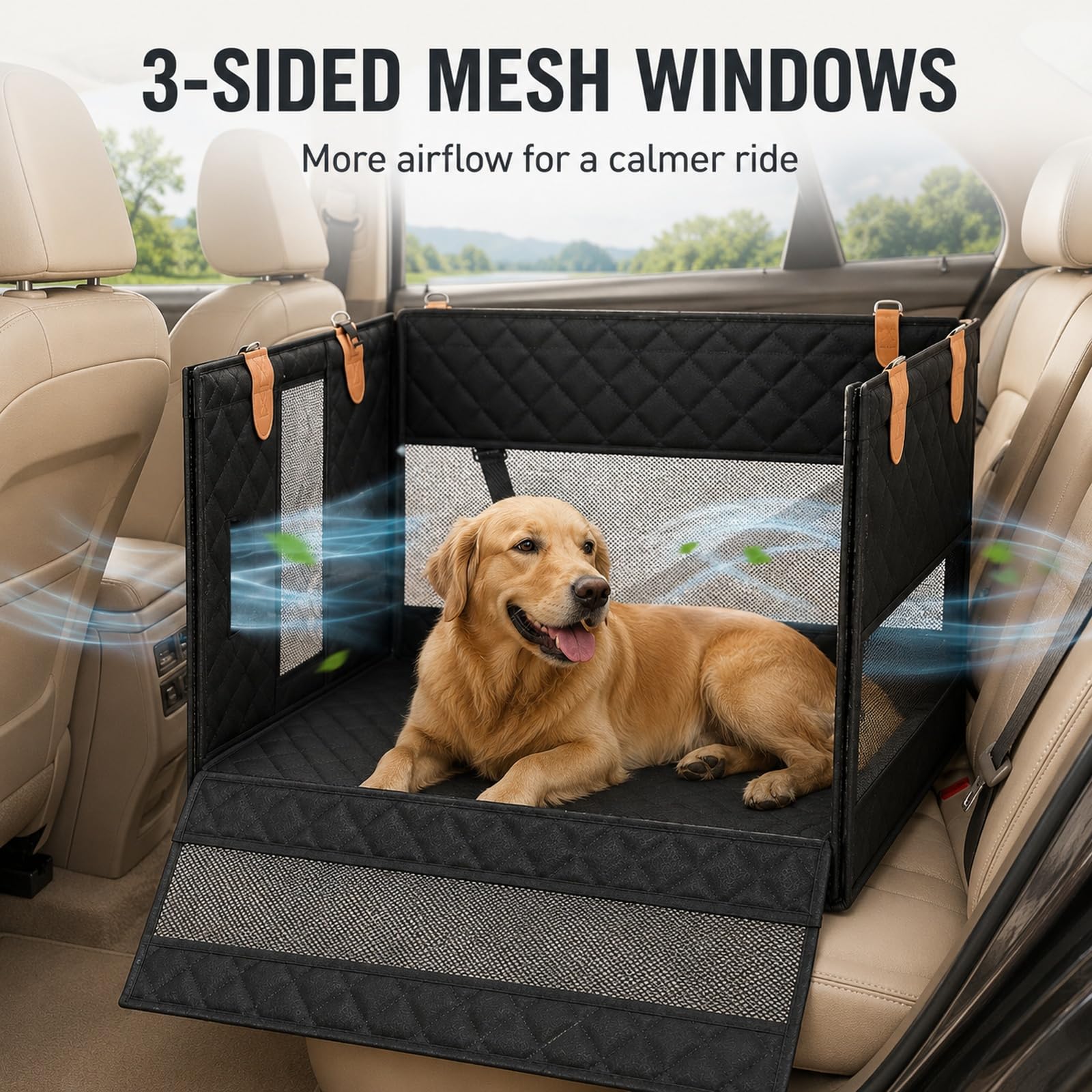 GOOGO Hunde Autositz für Rückbank, Wasserdichter Hundesitz Auto Rückbank mit Netzfenstern und 4 Befestigungsgurten, Hundekorb Auto Rücksitz für für Mittelgroße und Große Hunde (Schwarz)