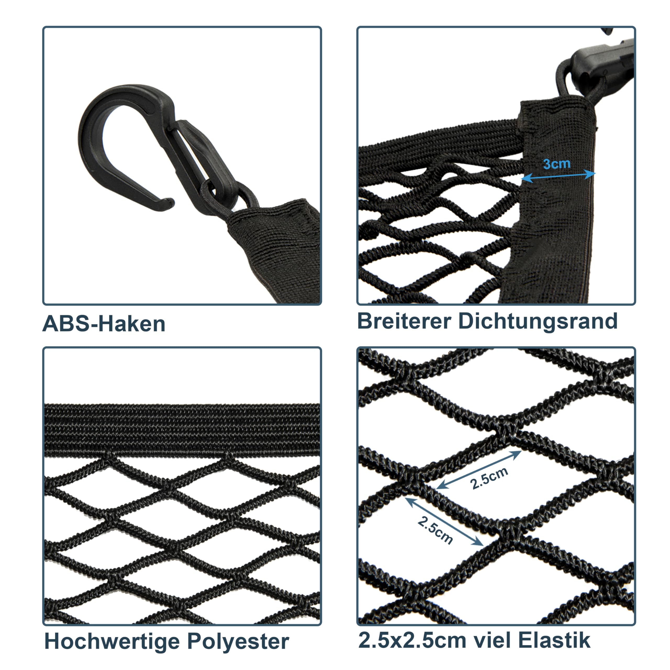 Filet de Coffre 60 x 40 cm – Extensible à 155 x 120 cm, élastique, 4 Crochets ABS – pour Voitures, SUV et camionnettes
