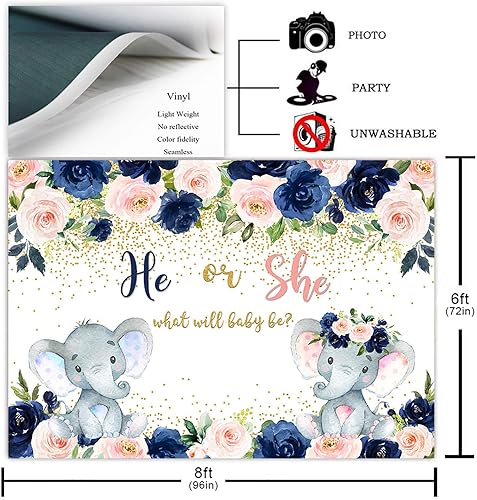 Miniatura 2 de Avezano Telón de fondo de revelación de género de elefante azul marino y rubor, color azul marino, rubor, rosa, floral, elefante, fotografía, fondo,