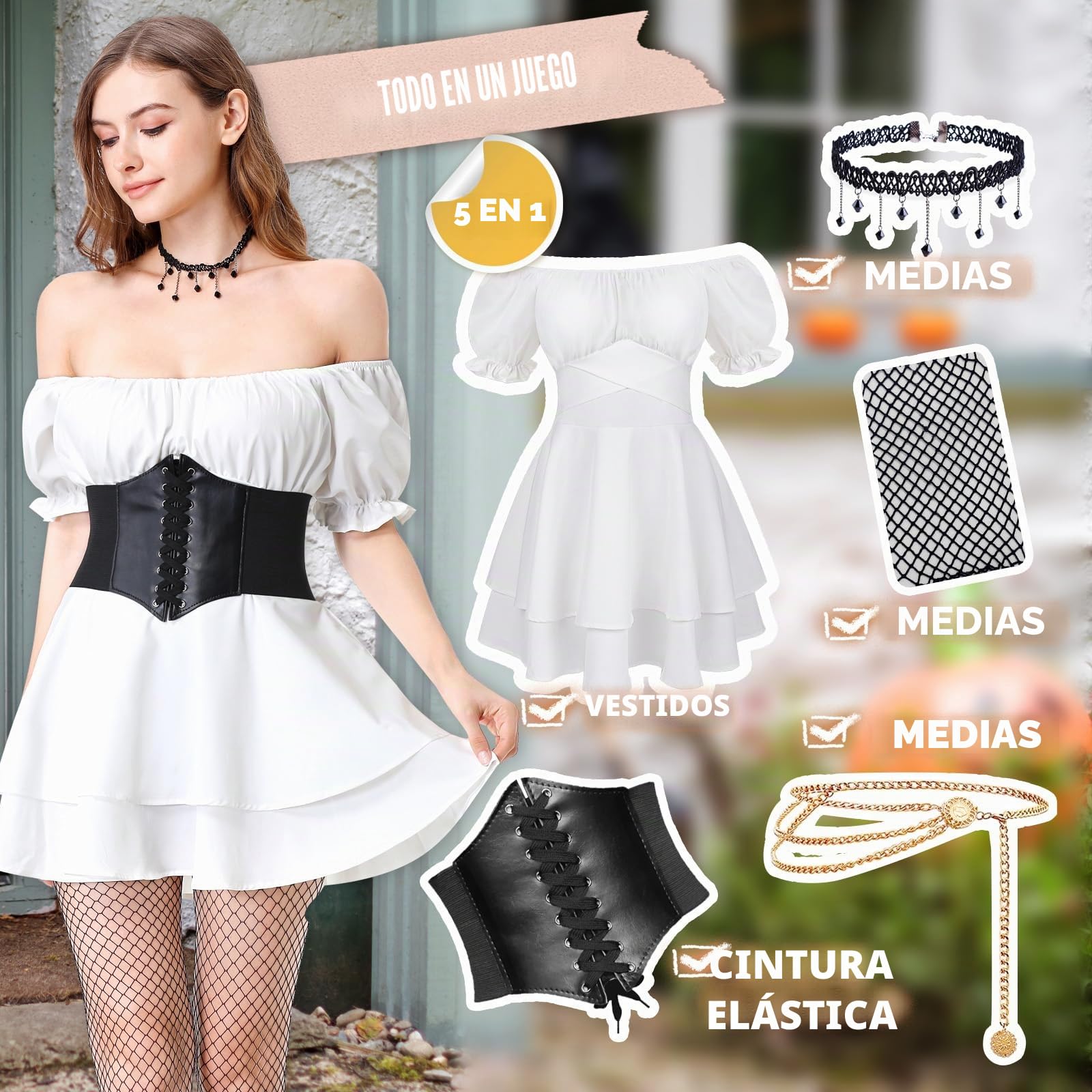 Joellfuner Vestido de Pirata, Costume Victoriano Renacentista Medievales, Disfraz Pirata Mujer con Cinturones, Cadenas de Cintura, Collares y Medias para Carnaval Halloween (Manga corta, S)