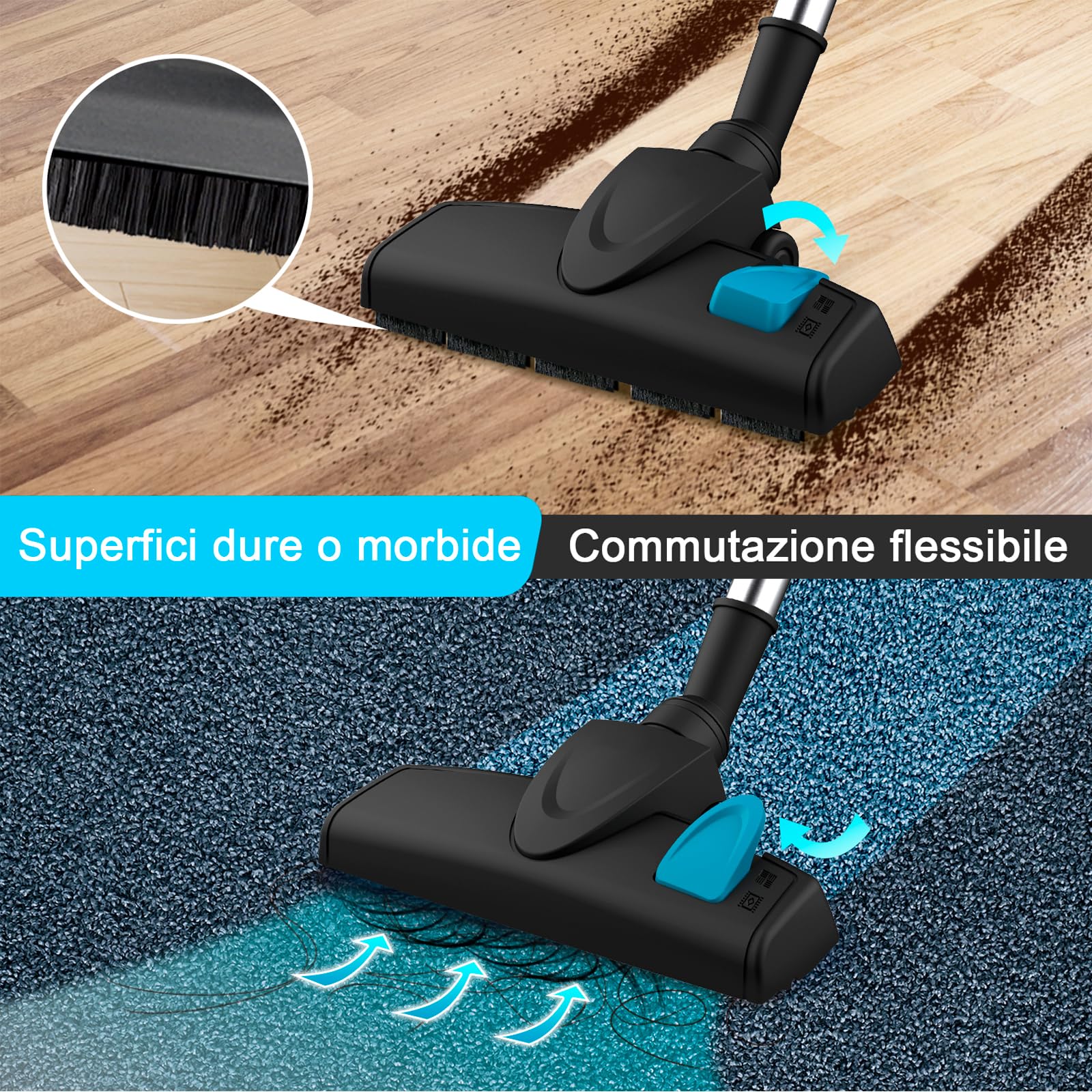 Aspirapolvere con filo, Scopa Elettrica con Filo, 18kPa 600 W, Aspirapolvere senza Sacco, con Cavo 6m, 3 in 1, per Pavimenti Duri e Peli di Animali Domestici