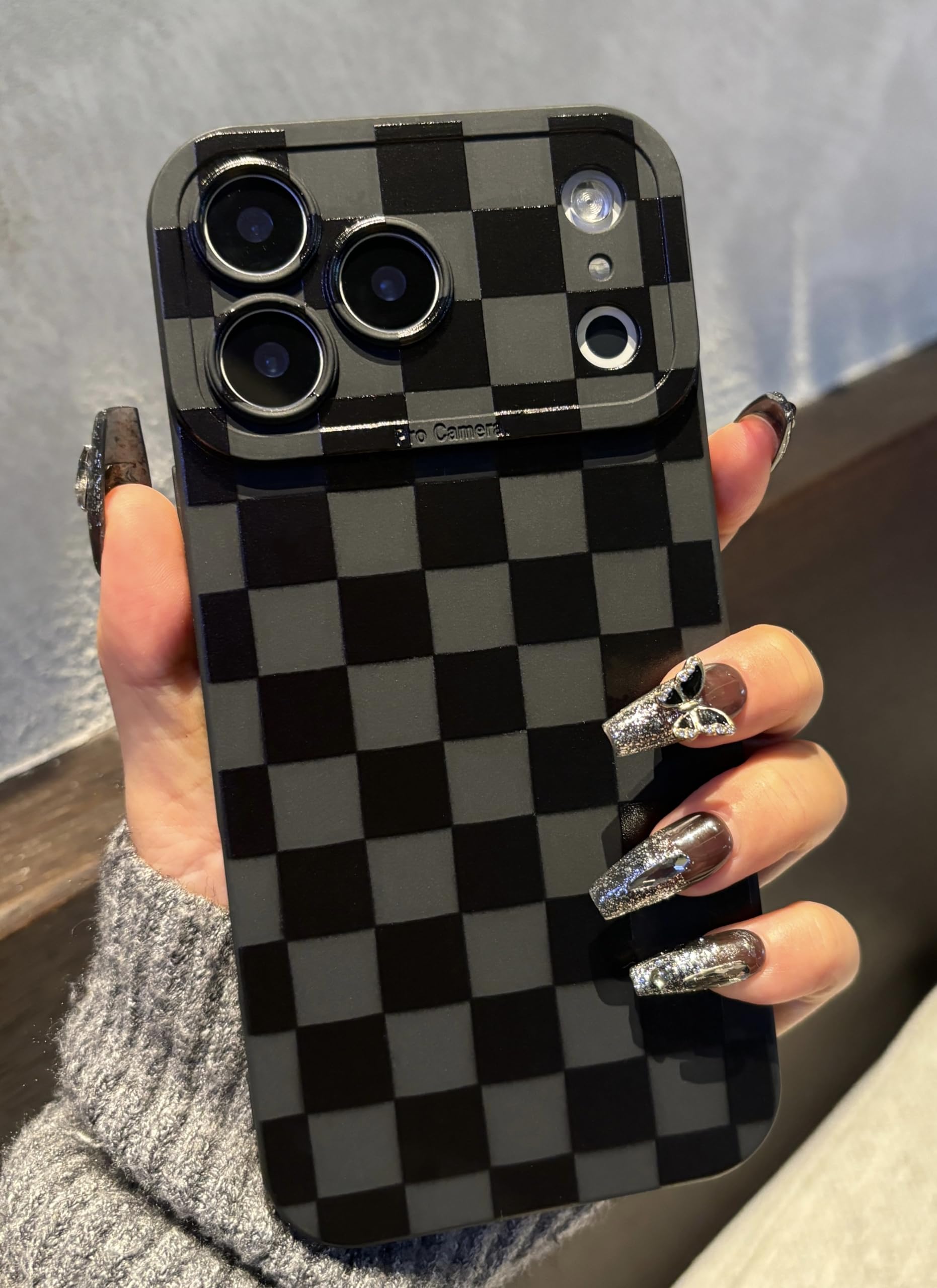 Photo 1 of Jusnfu for iPhone 17 Pro Case 6.3 Inch 2025, Aesthetic Checkered Goth Phone Case for Women Girls Men, Slim Silicone Protective Phone Cover for iPhone 17 Pro, Black Checkered