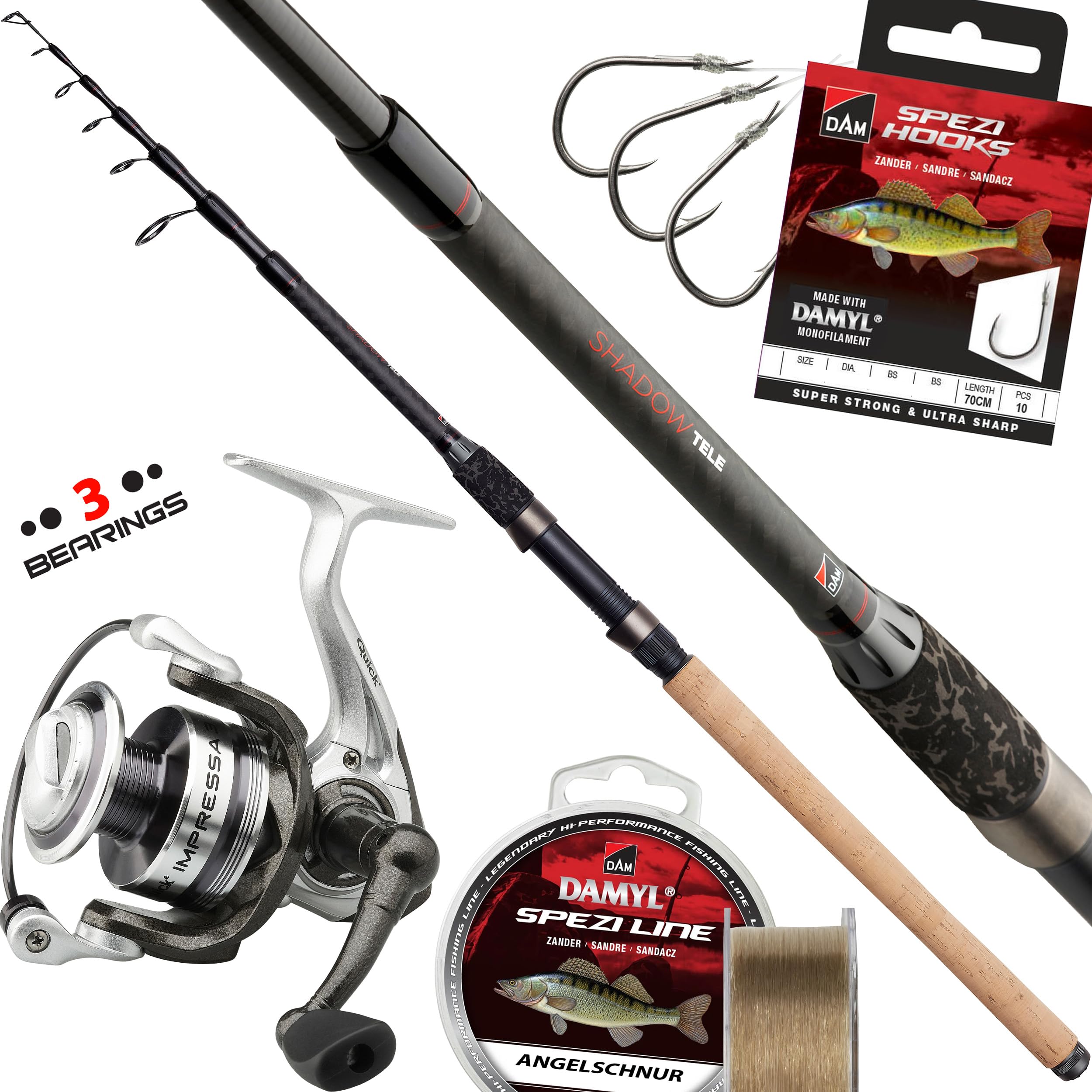 Fischzeux Angelset komplett Profi Tele - Shadow Allround Raubfisch Set Zander Forelle