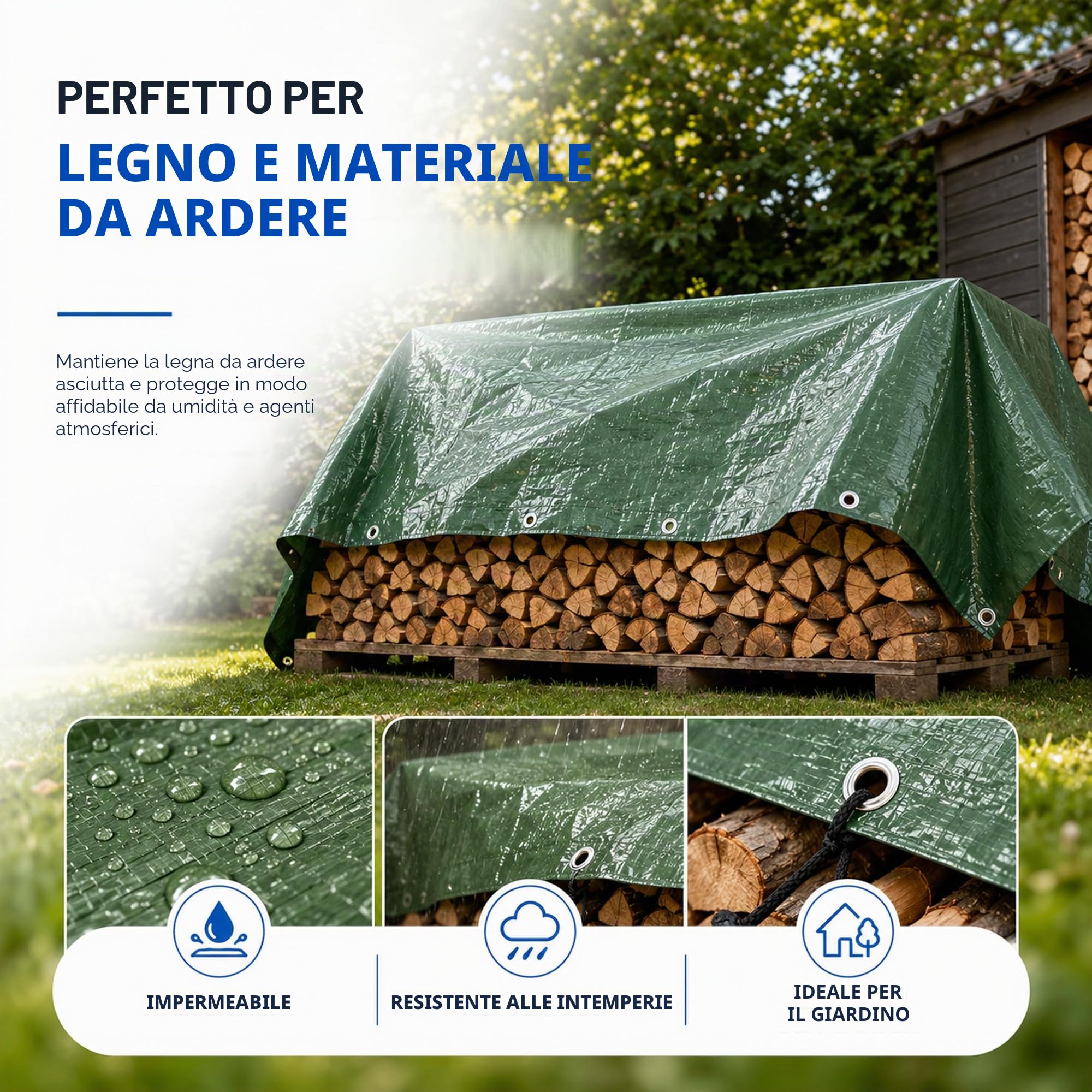 Telone impermeabile, 6 x 10 m, 150 g/m², verde, con occhielli, per tenda da sole, telone per rimorchio da cantiere