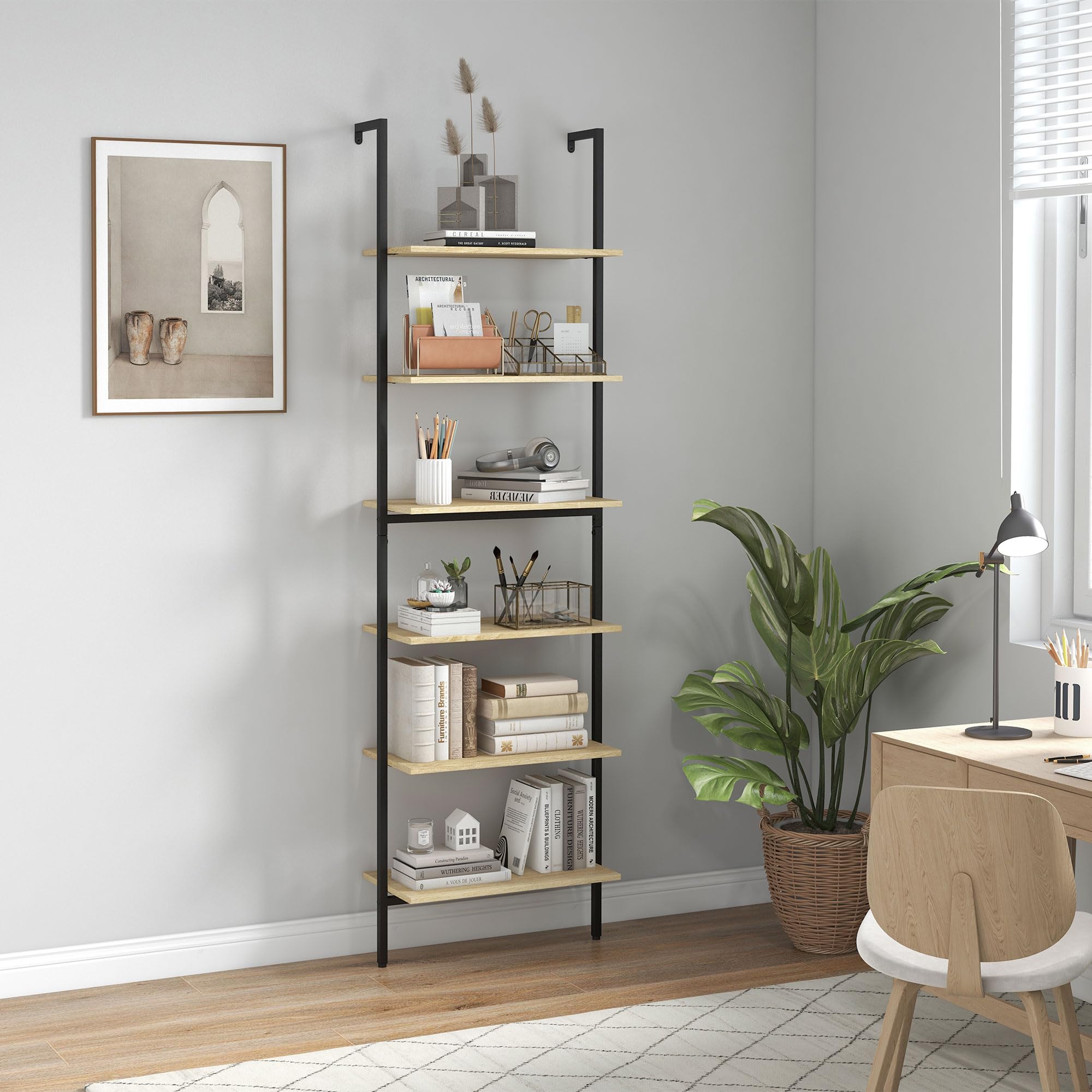 HOMCOM Scaffale scala da parete libreria scaffale portaoggetti stile industriale 6 ripiani in acciaio nero effetto legno naturale - dim. 60L x 30L x 206H cm