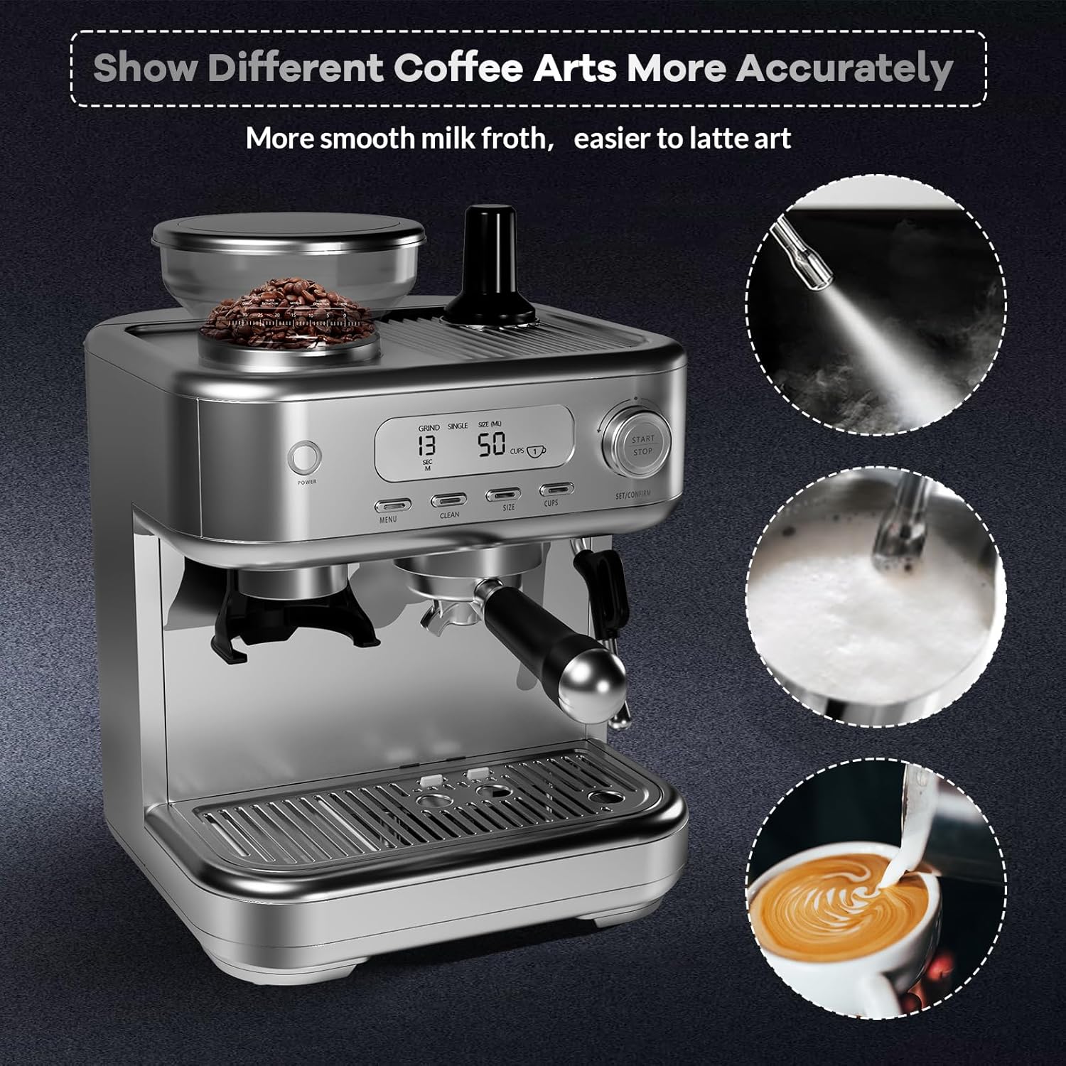 Espresso Coffee Maker, 15 Bar Professional Espresso Coffee Maker with Built in Grinder, LED Display, Self-Clean, Barista Coffee Machine Kit, Latte Machines for Home Barista, Office, Grey