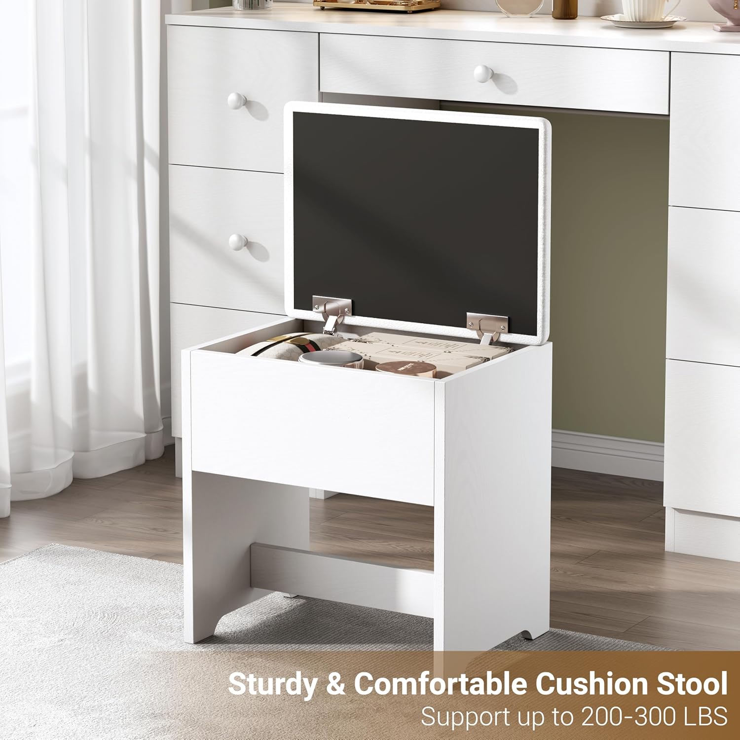 Vanity Desk with 46" HD Lighted Mirror, Large Makeup Vanity Table Set with 3 Lighting Modes & Charging Station, Modern Dressing Table with 7 Storage Drawers & Stool for Bedroom Women Girls, White