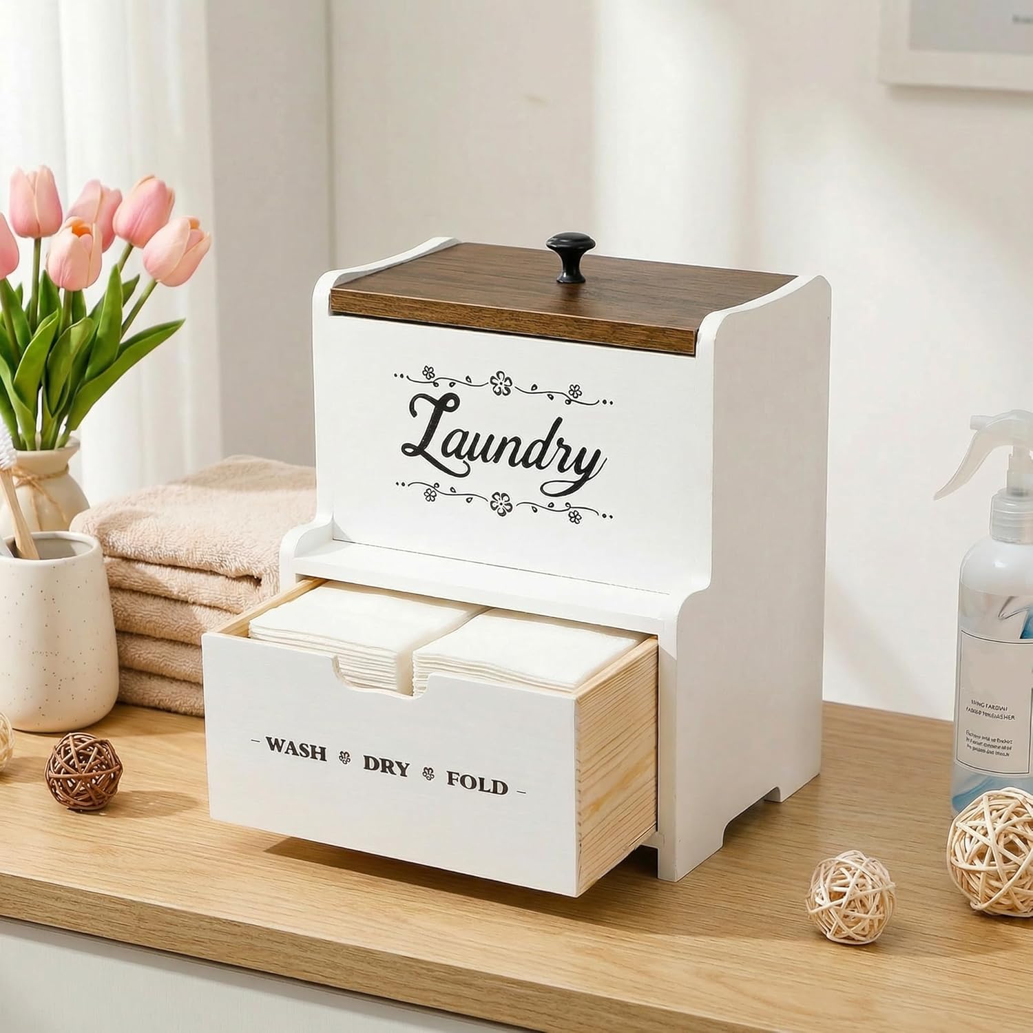 Goaste Dryer Sheet Holder with Drawer, Wood Dryer Sheet Dispenser with Lid, Farmhouse Laundry Pods Container Box, Wall Mount Fabric Softener Organizer for Laundry Room Storage and Organization