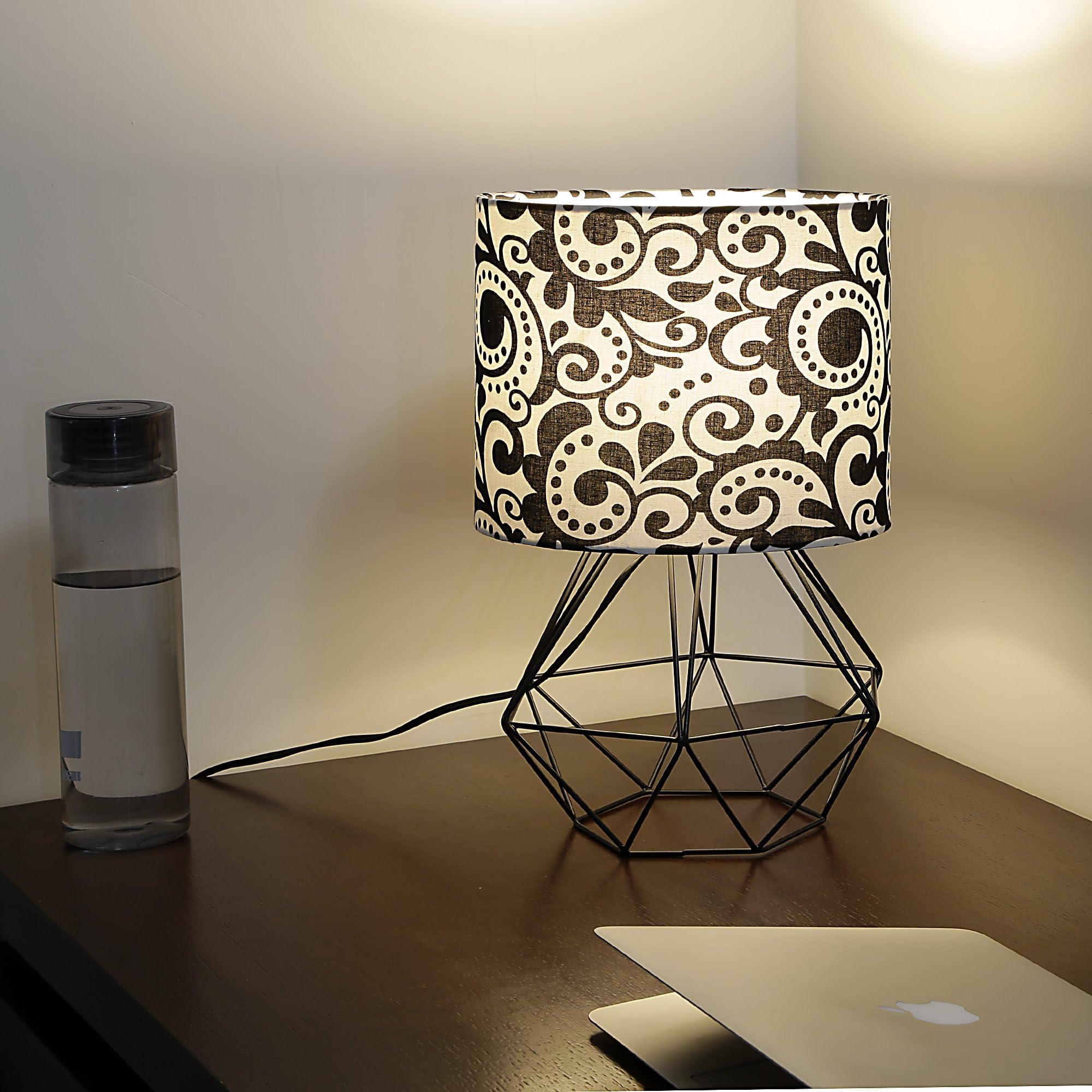 Craftter Table Lamp with Cotton Print Fabric Round Shape Diamond Metal Base Night Lamp- 10" Lamp for Living Room, Bedside Lamp, Table Lamp for Bedroom, Room Decor Items, Black, Pack of 1