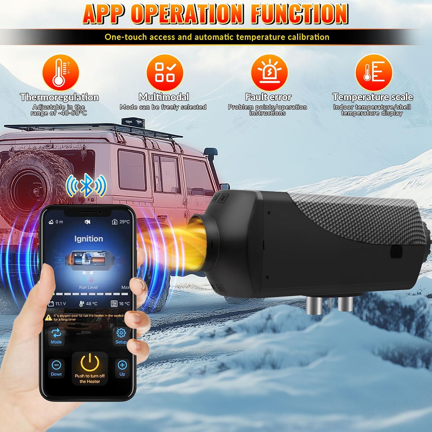 Screenshot of the app operation function, showing thermoregulation, multimodal options, fault error display, and temperature scale.