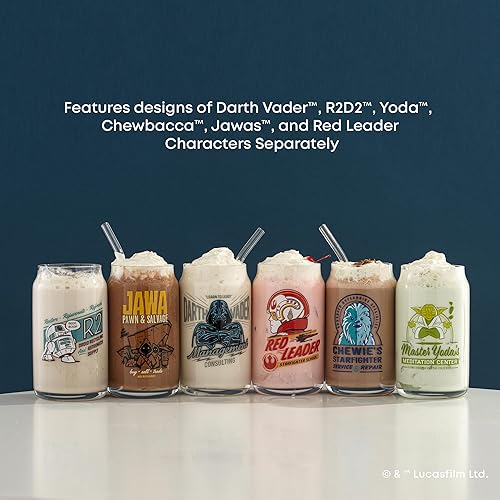Miniatura 6 de JoyJolt Star Wars Retro Vintage Collection - Vasos de vidrio de 16.9 onzas, con Darth Vader, R2D2, Yoda, Chewbacca, Red Leader, Jawa, Juego de 6