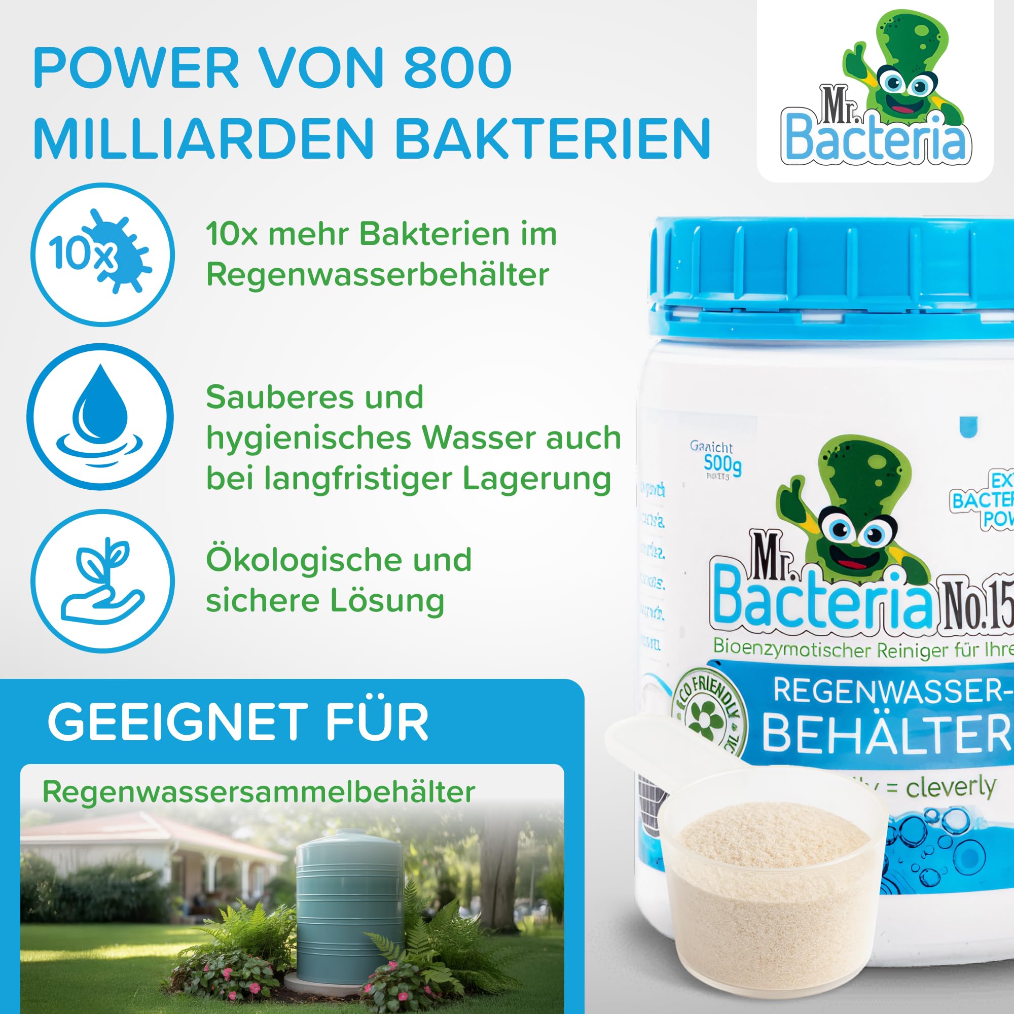 No.15 Bioenzymatischer Reiniger für Ihre REGENWASSERBEHÄLTER, Regenwassersammeltanks, Lagertanks, Regenwasser, Regenwassertank Garten 500 g - 1 Stück
