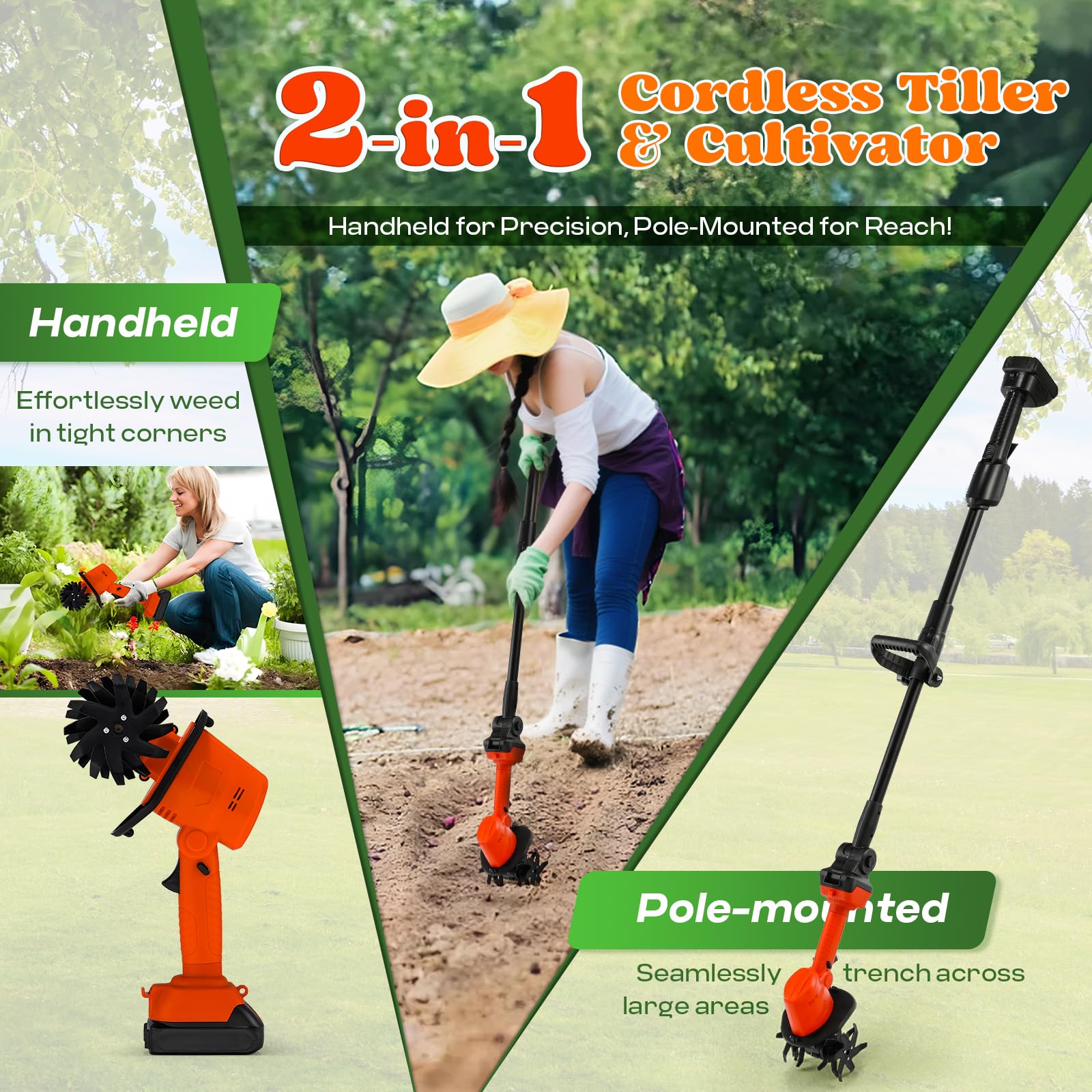 Moongiantgo Motobineuse-Sarcleuse 2-en-1 sans Fil, Design Main/Perche avec 4 Lames en Acier Trempé, Double Batterie 21V pour Désherbage, Labour, 10 cm de Profondeur/Largeur, 2×1500 mAh