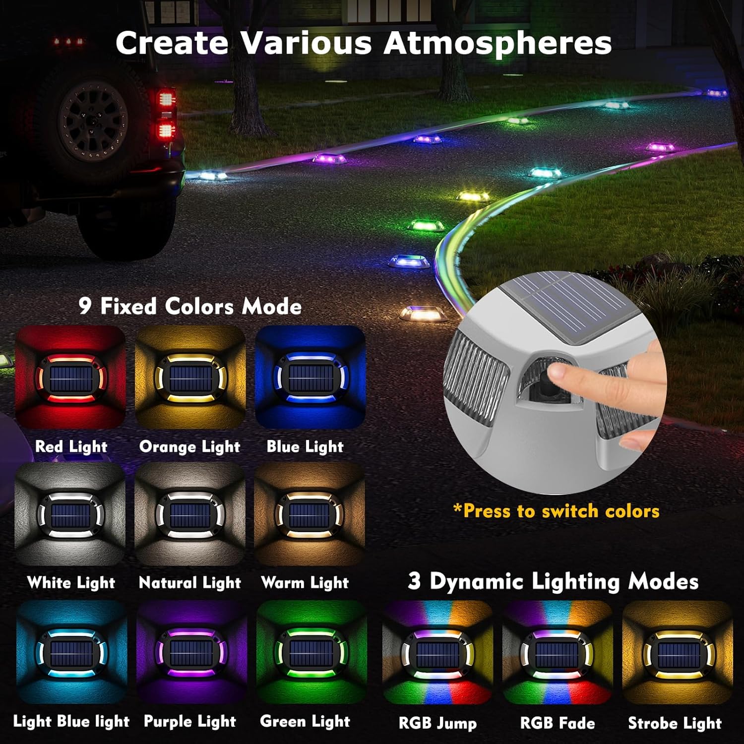 8Pack Aluminum Alloy Solar Driveway Lights, IP68 Solar Deck Light Marine Dock Lights Outdoor Waterproof, Multi-color LED Driveway Markers for Walkway, Path Decor [12Modes - Strobe/RGB/Fix-color]