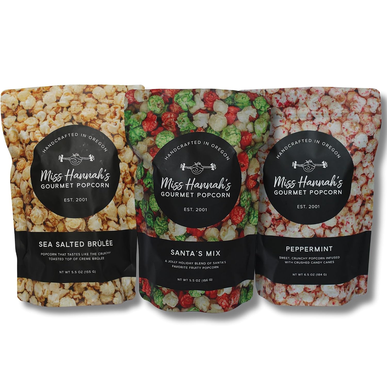 Miss Hannah's Gourmet Popcorn Classic Bundle - Kettle Corn, Caramel Corn, & Buttery Salt - Non-GMO, Sweet & Savory Snack Box for Gifting or Sharing - 3 Pack Artisan Popcorn Gift Set