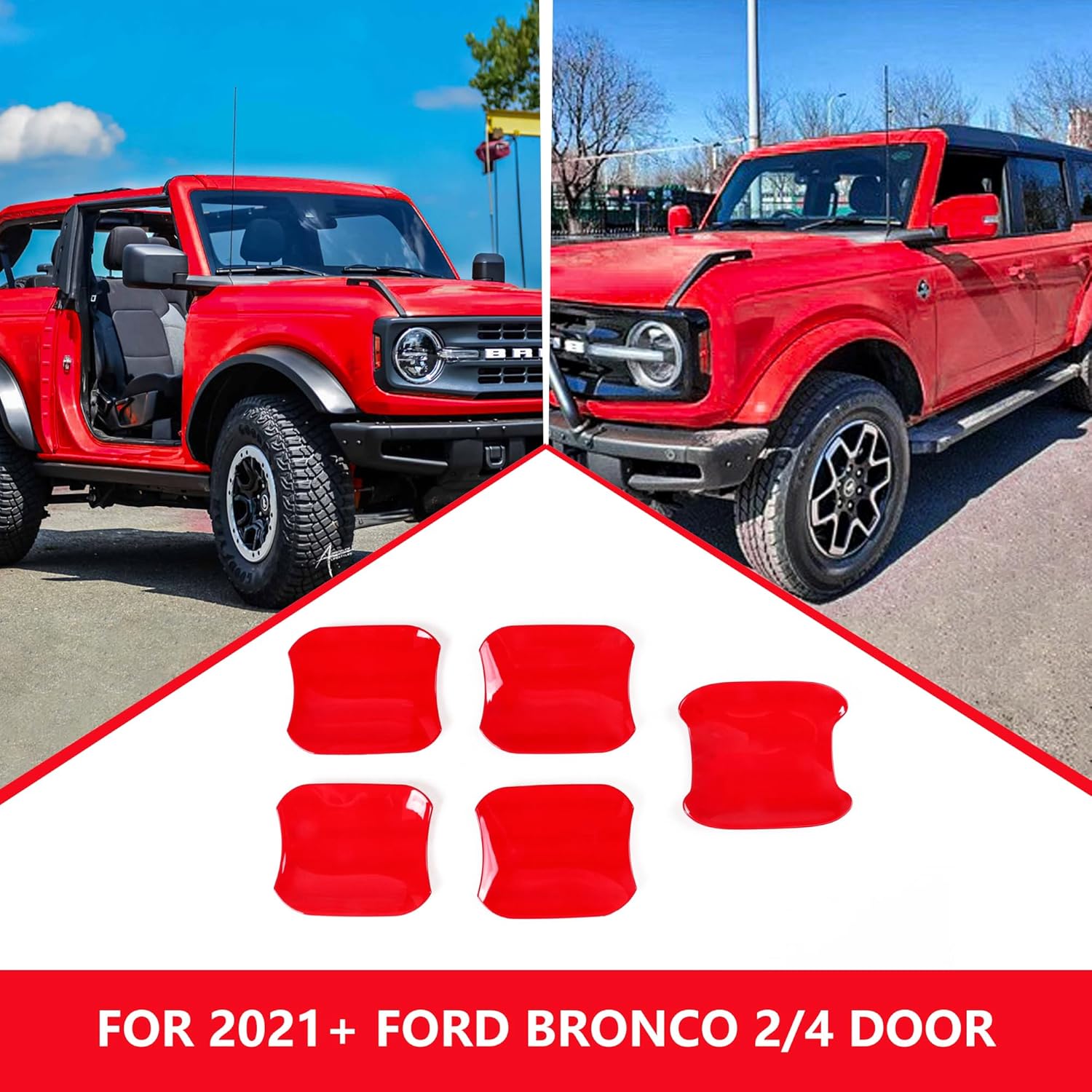 Door Handle Cup Scratch Protector Rear Tailgate Door Bowl Cover Trims Compatible with 2021 2022 2023 2024 2025 Ford Bronco 2/4 Door Exterior Accessories Paint Guard Sticker 5 Pack Red