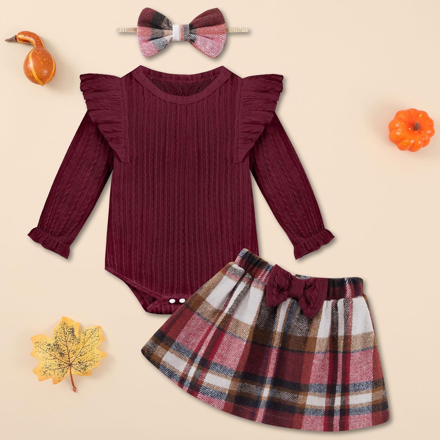 Weixinbuy Baby Girls Fall Outfits 3-Piece Set Long Sleeve Romper & Plaid Skirt Headband Soft Snap Closure 0-18M - Image 7