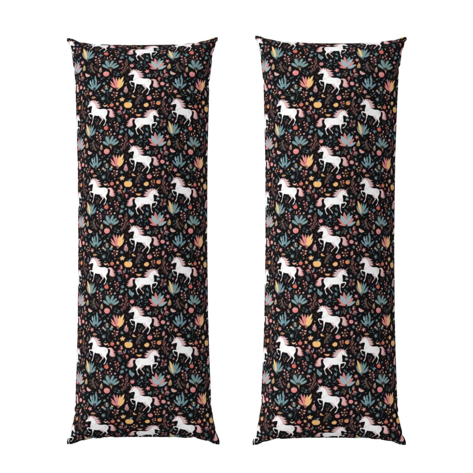 Body Pillow Case 20x60 Inch, Halloween Unicorns Horse Flowers Black, Zippered Cozy Pillow Cover, Softffy Fabric, Comfortable Protector for Bedroom Couch Sofa
