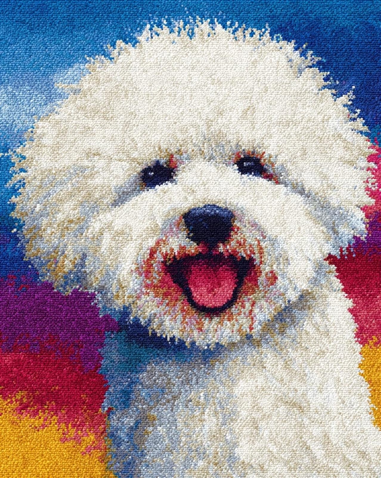 Wallphantom 002 Latch Hook Kits Rugs,Happy Bichon Frise,Handmade Self Knotting Set,Tapestry Kits For Adults,Cushion Latch Hook Rug Pre-Printed Pattern Craft For Adults,80X115cm