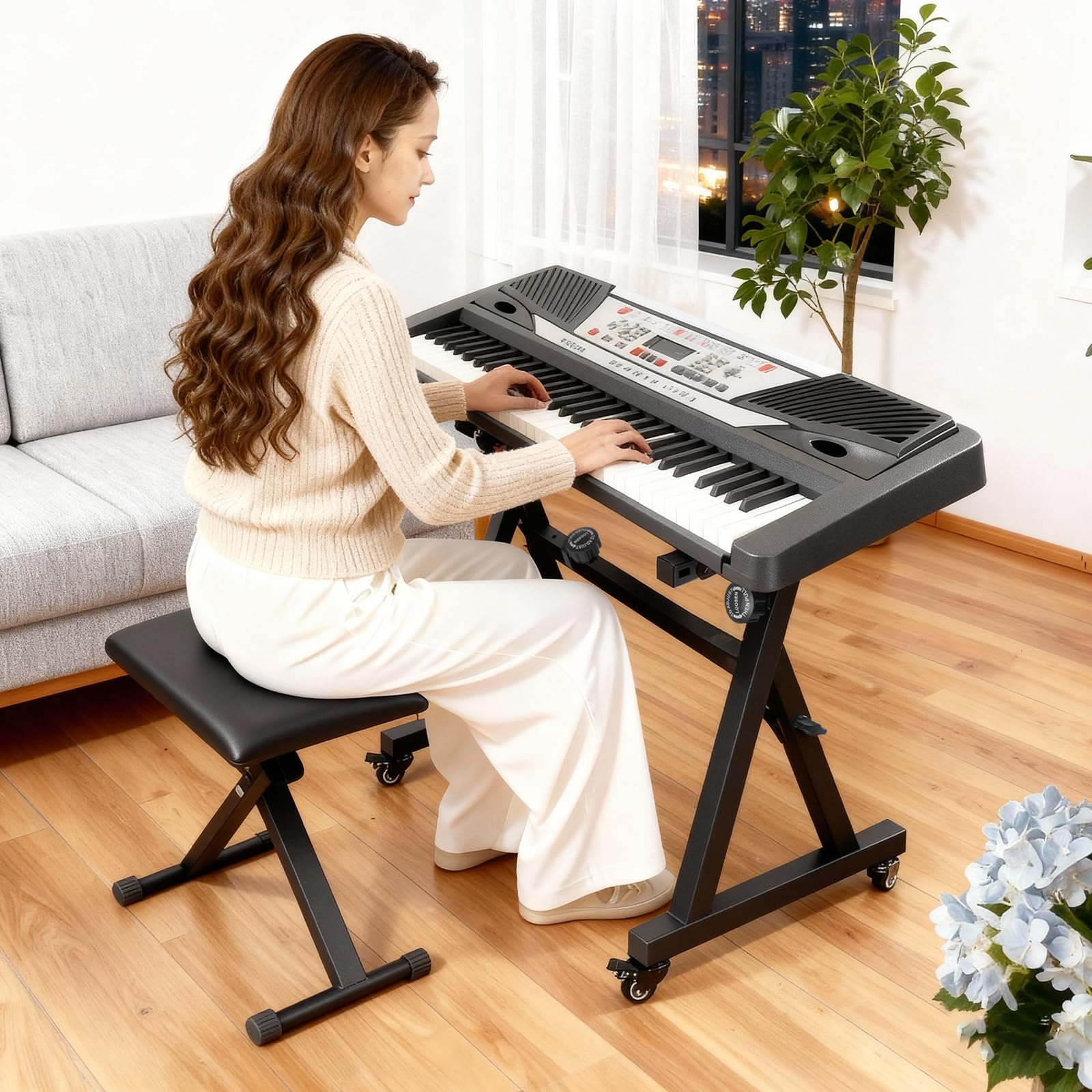 Keyboardständer, Z-Form Klavierständer, Robuster &Tragbarer Digitalpianoständer, Verstellbarer Klavierständer mit 4 Rollen & Kopfhörerhaken,Geeignet für Digitalpianos mit 54-88 Tasten, Schwarz
