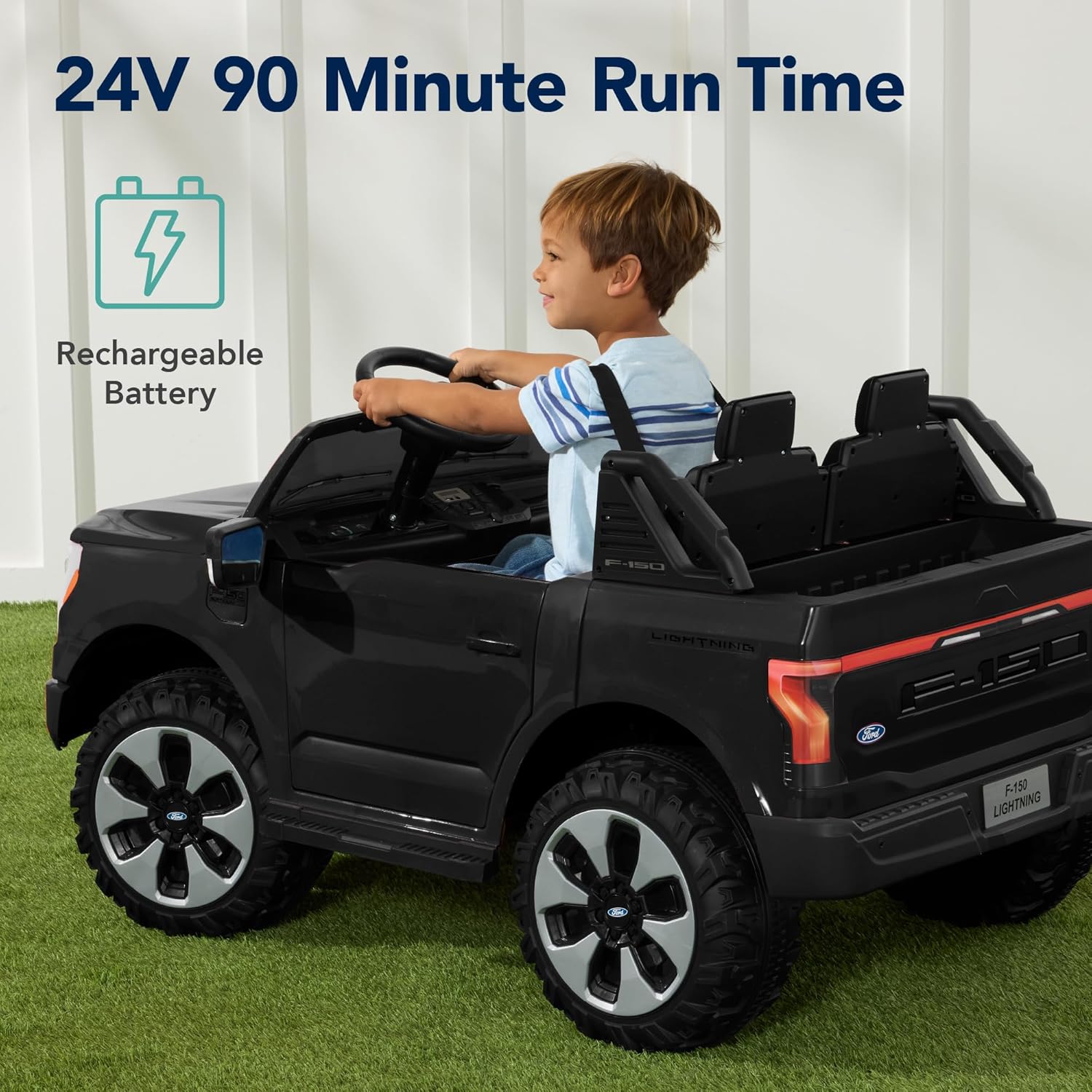 A child driving the ride-on truck with an icon indicating a rechargeable 24V battery and 90-minute run time.