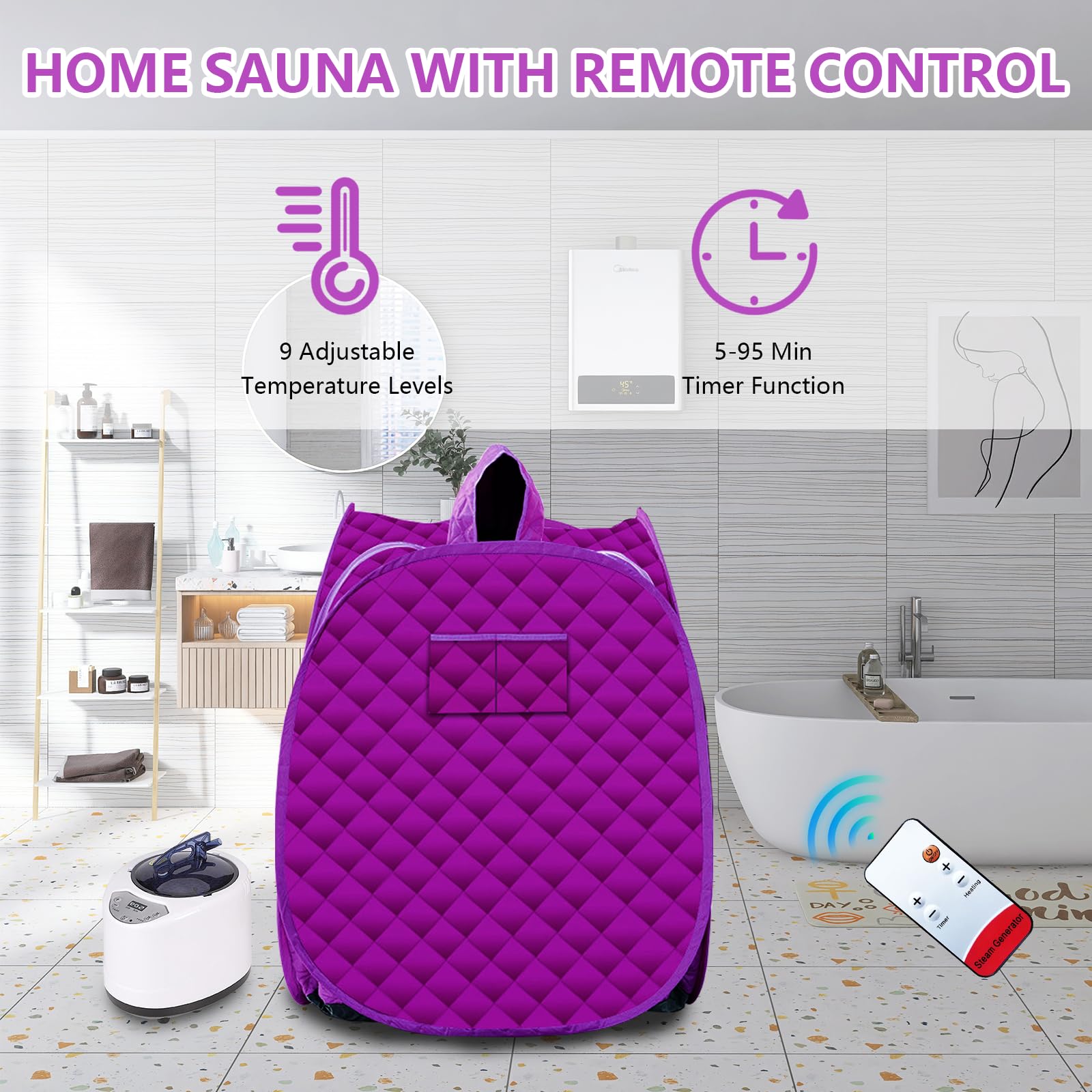 Sauna a Vapor Portátil, 1500W Mini Sauna de Vapor con Telemando, 5-95 Min Temporizador, Temperatura Ajustable en 9 Niveles, Cabina Sauna a Vapor Móvil Spa Personal en Casa