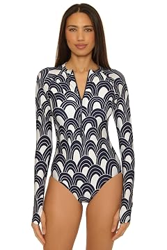 Trina Turk Womens Paddle One Piece Swimsuit Rash Guard UV Protection Zip Front Long Sleeve Bathing Suits for