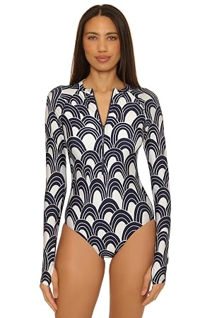 Trina Turk Womens Paddle One Piece Swimsuit Rash Guard UV Protection Zip Front Long Sleeve Bathing Suits for