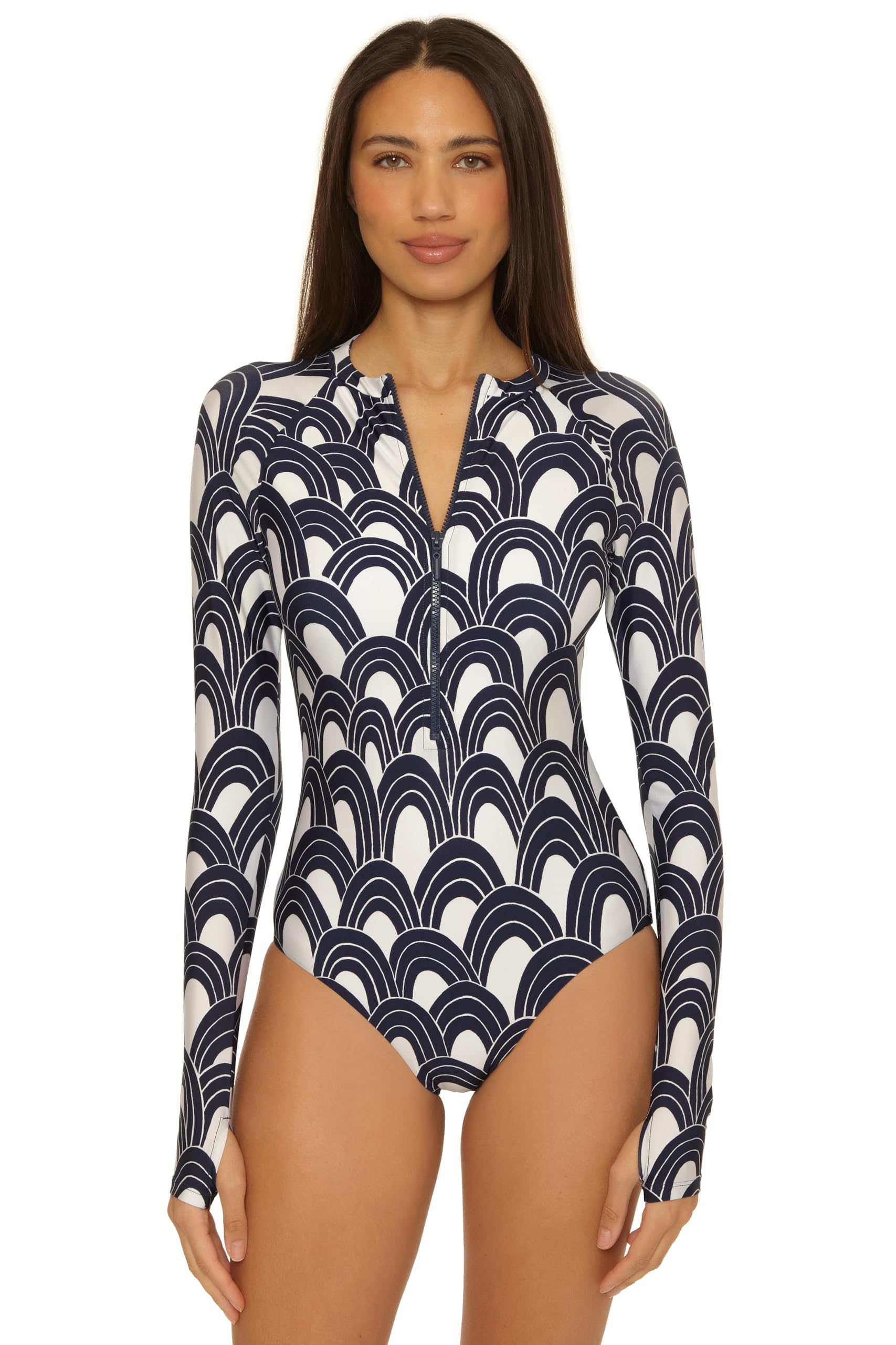Trina Turk Womens Paddle One Piece Swimsuit Rash Guard UV Protection Zip Front Long Sleeve Bathing Suits for