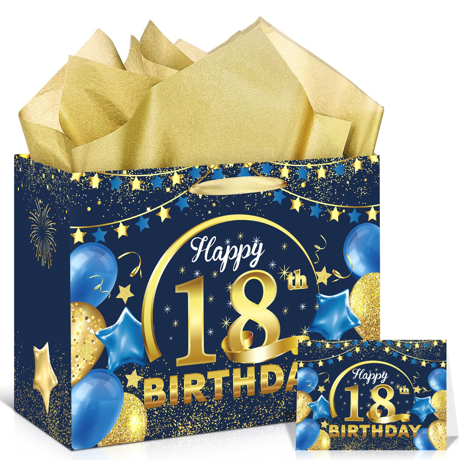 Blue Gold Happy 18th Birthday Gift Bag with Tissue Paper Greeting Card, 11.8'' 18th Birthday Wrap Bag for Boys Girls 18 Year Old Anniversary Party Decorations Goodie Wrapping Presents Decor Supplies
