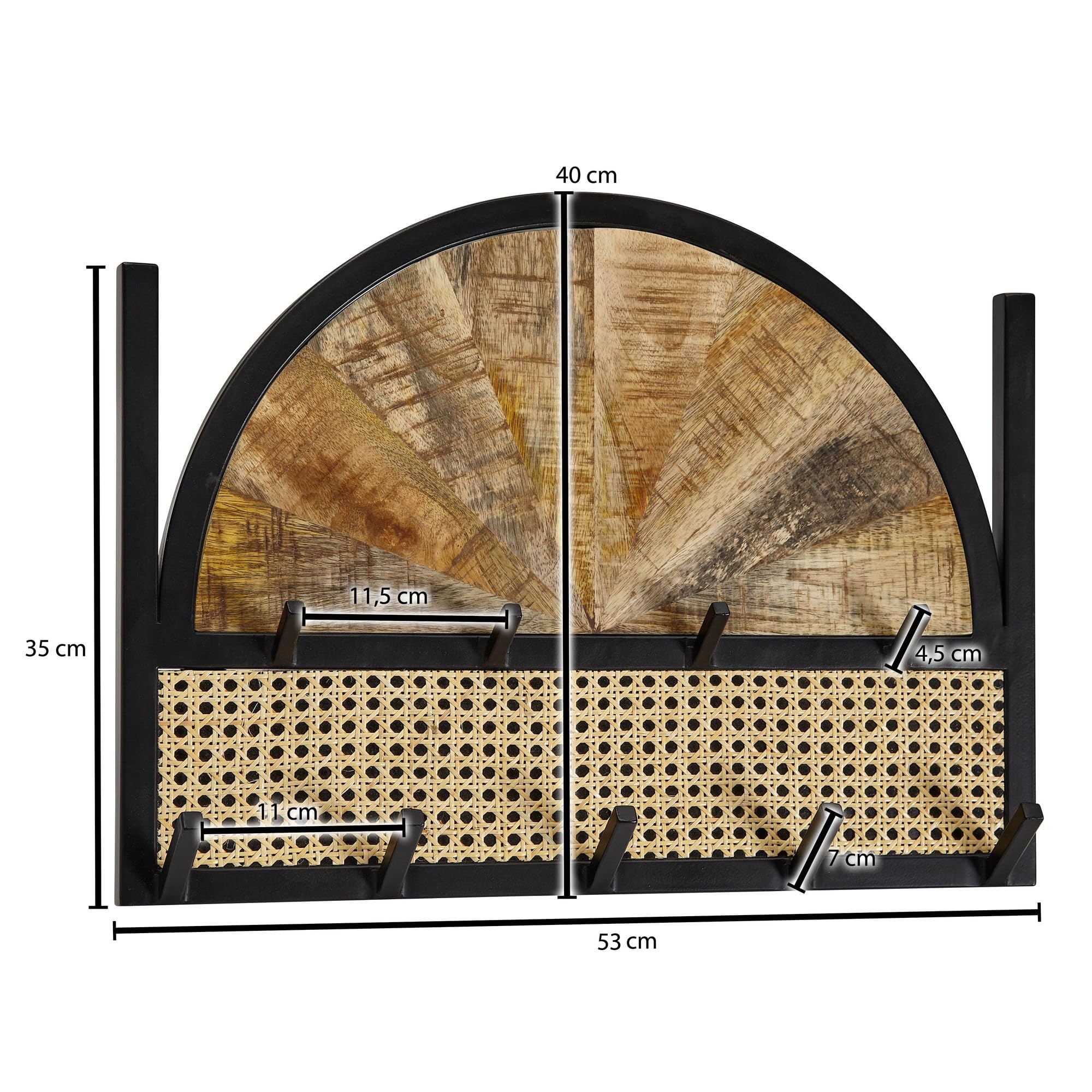 FineBuy Design Wandkapstok Mango Massief Hout en Rotan 53x40x7,5 cm | Haak Rail Metaal | Hal Kapstok Wand