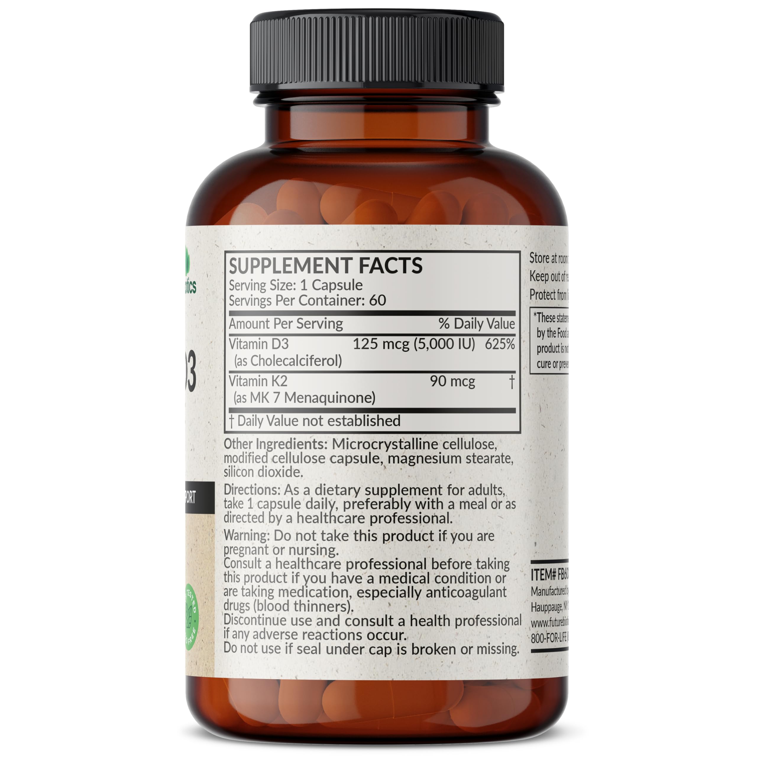 Futurebiotics Vitamin K2 MK-7 90 mcg + D3 5000 IU, 60 Vegetarian Capsules — Amazon image 2