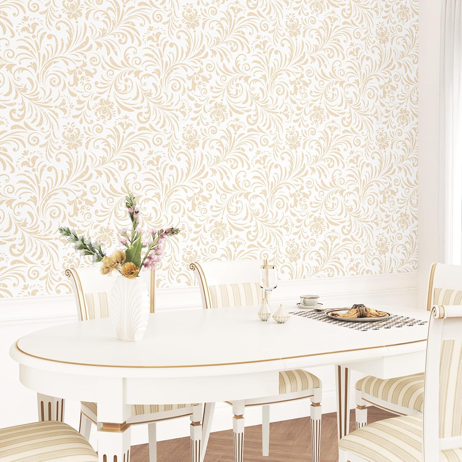 Beige Boho Floral Wallpaper Peel and Stick Removable Boho Wallpaper Bohemia Floral Contact Paper Self Adhesive Leaf Wall Paper for Bedroom Living Room Wall Coverings Vinyl Roll 17.5"×118"