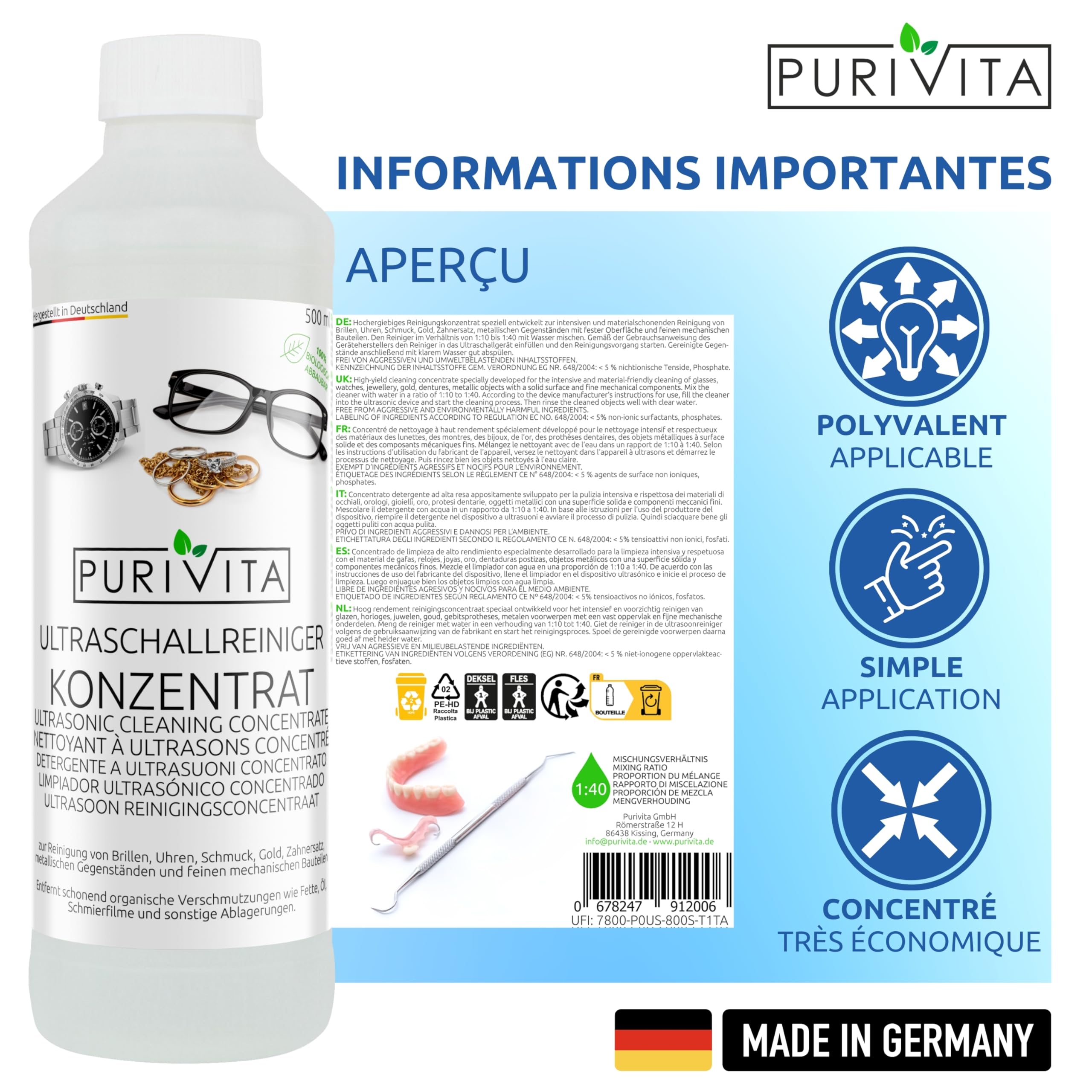 VEVOR Nettoyeur à Ultrasons 2L en Acier Inoxydable Bac Ultrasons Numérique avec Chauffage Temps & PURIVITA - Concentré de Nettoyant liquide pour produits ultrason - Multi-usages - Nettoyeur Bijoux
