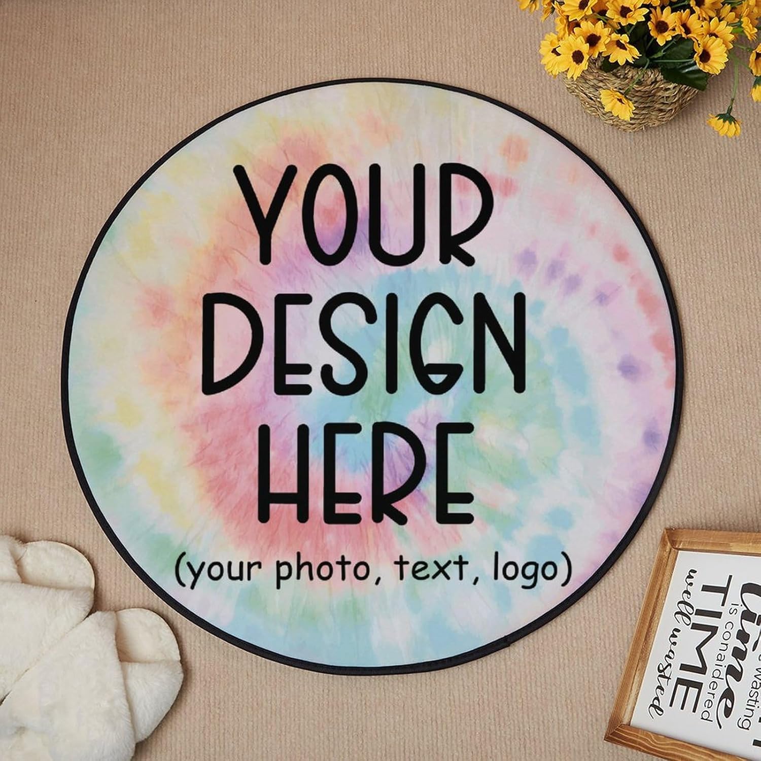 Custom Round Area Rugs with Logo, Picture, Image, Name, Text Customized Flannel Washable Floor Mats Personalized Halloween Thanksgiving Christmas Circle Rugs for Living Room Nursery Bedroom 36"