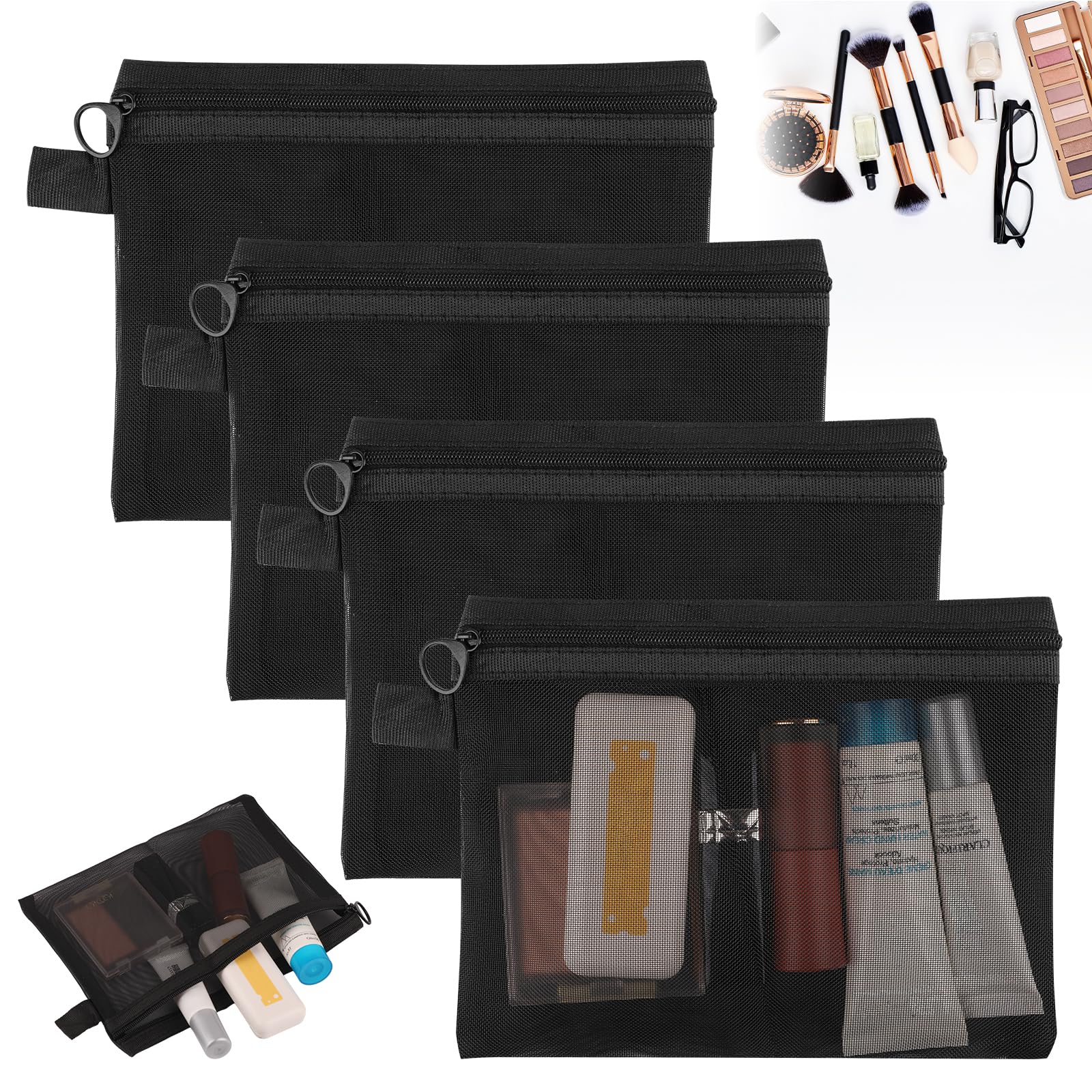 Small Make Up Bag, 4Pcs Cosmetic Bag with Zipper, Black Mesh Makeup Bags, Small Pouch for Women Handbag Essentials, Travel Bag Organiser Pouches for Cosmetics Toiletries,
